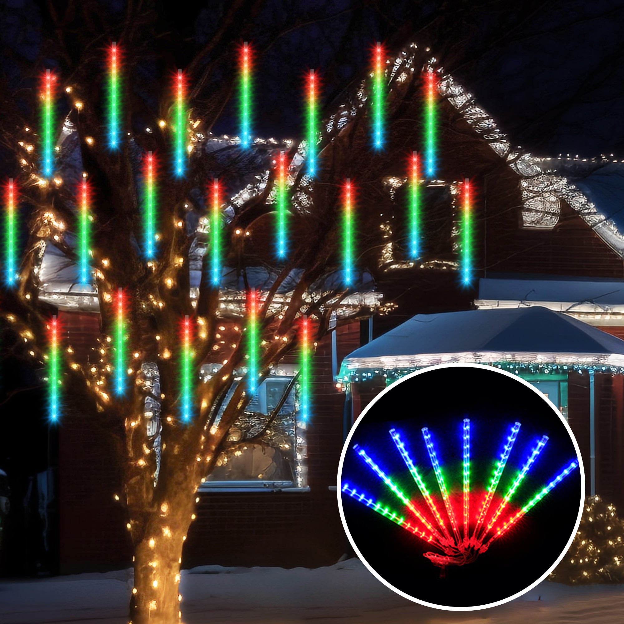 Pulg in Fairly String Lights LED Icicle Lights hanging outdoors, creating a stunning meteor shower effect with vibrant colors.