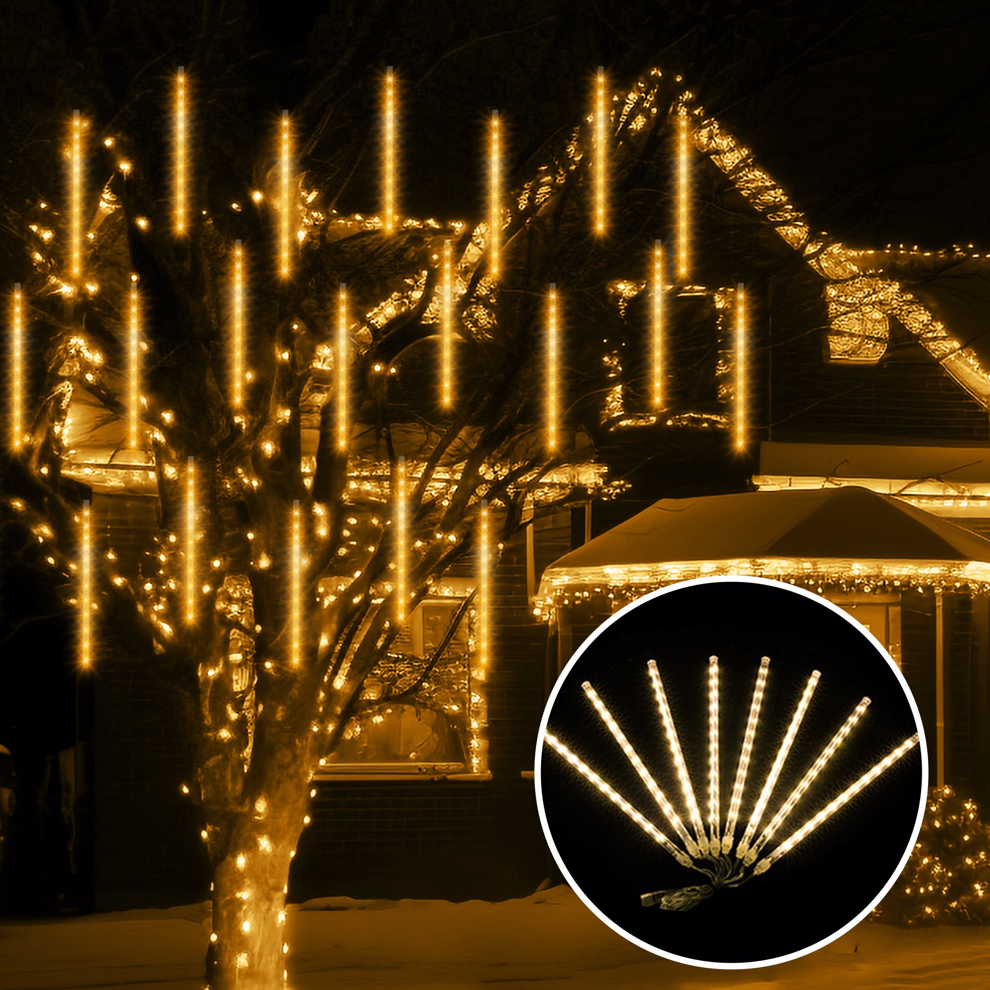 Pulg in Fairly String Lights LED Icicle Lights hanging outdoors, creating a stunning meteor shower effect with vibrant colors.