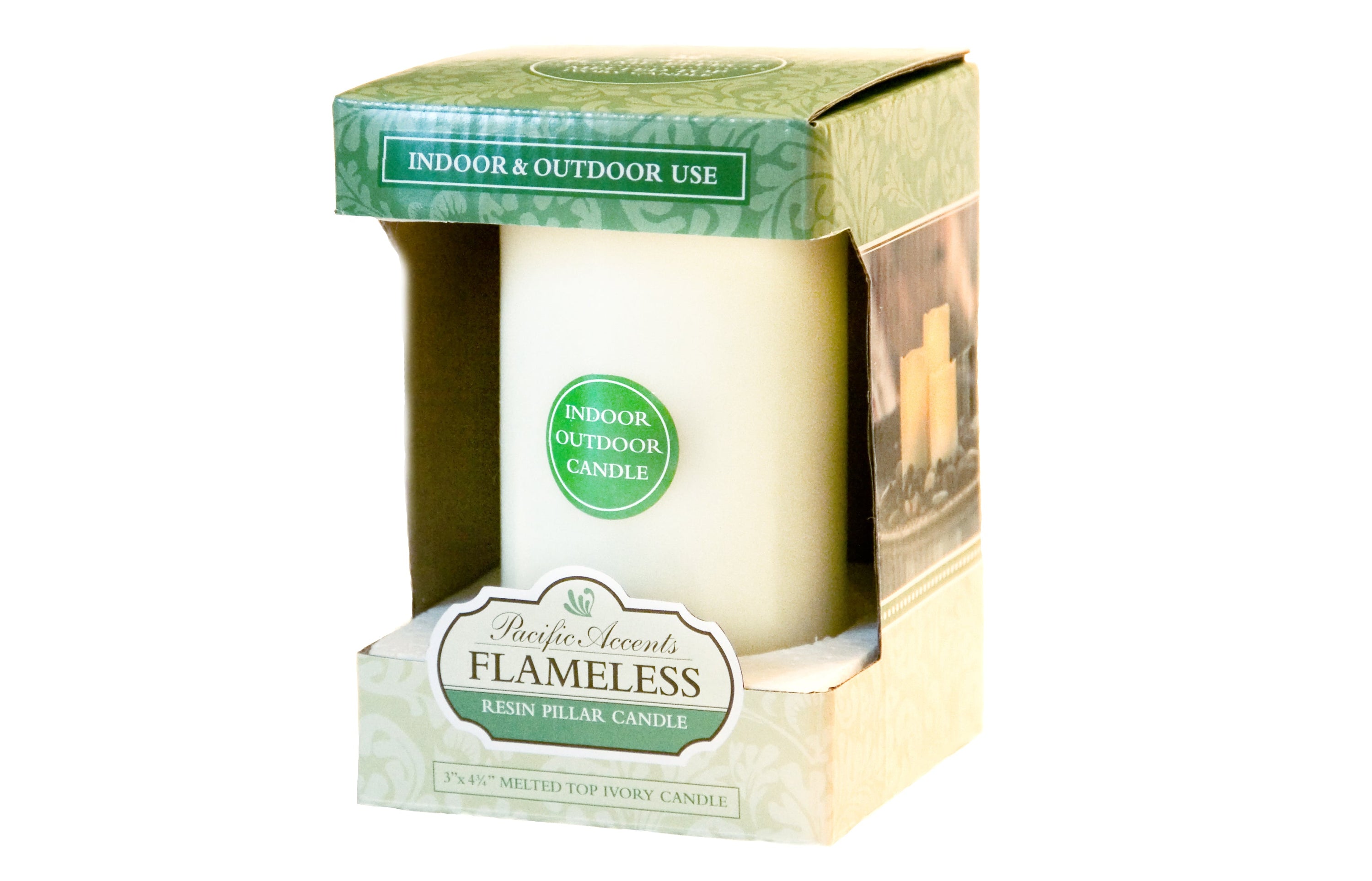 Resin flameless pillar candle with a realistic melted top design, perfect for indoor and outdoor decor.