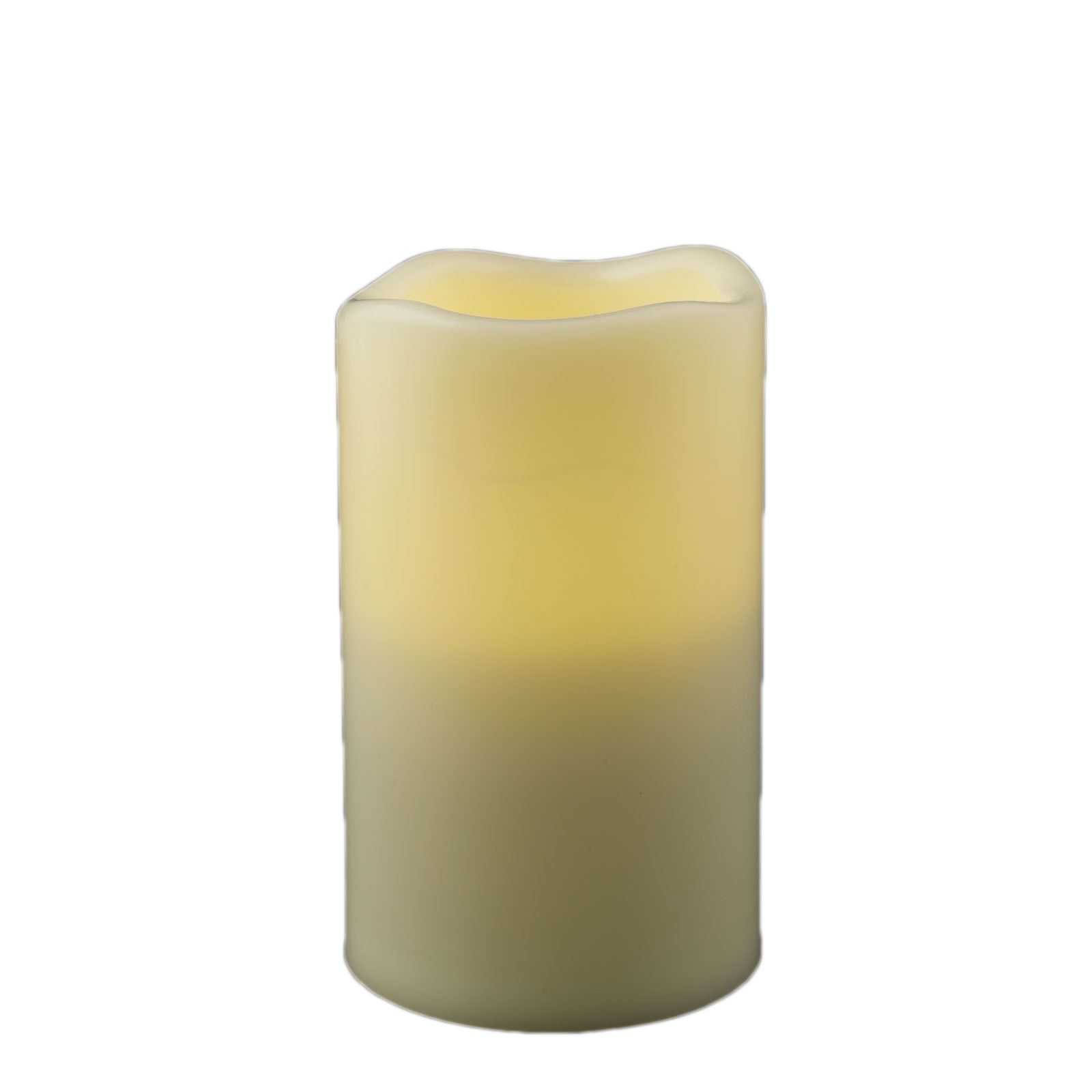 Resin flameless pillar candle with a realistic melted top design, perfect for indoor and outdoor decor.