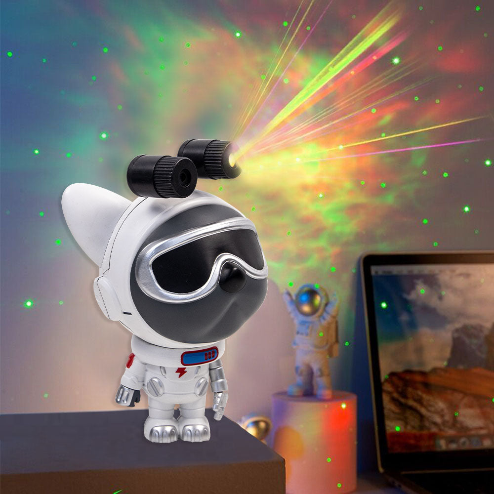 Star Projector Lamp featuring a cute dog astronaut design, projecting colorful nebula patterns onto the ceiling.