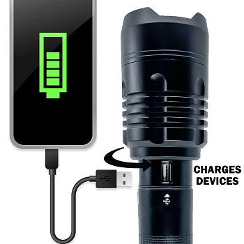 Stinger™ Tactical 10,000 Lumen Rechargeable Flashlight showcasing its robust design and features.