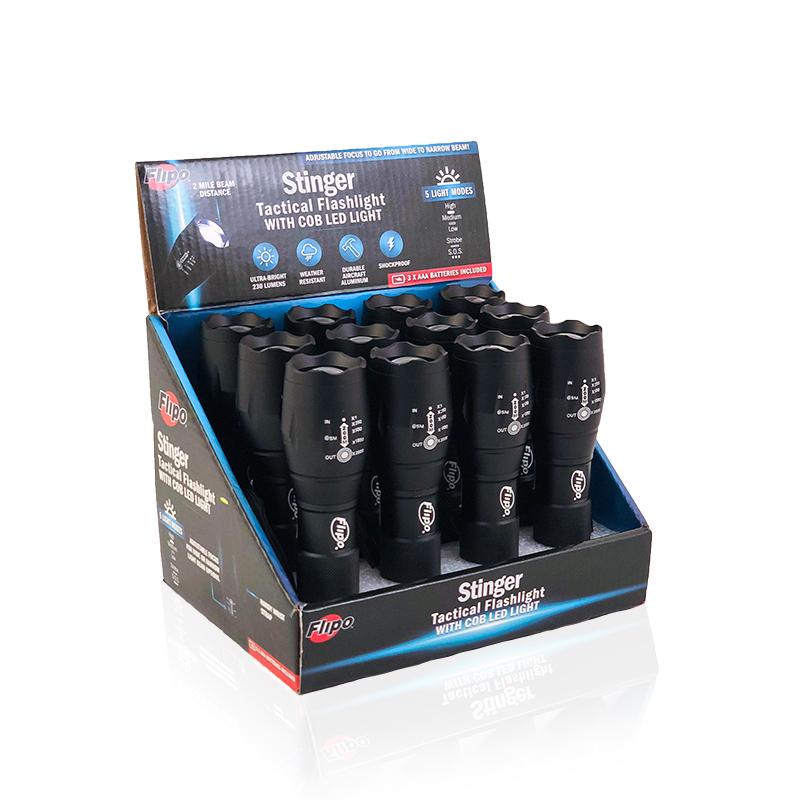 Stinger Tactical Security LED Flashlight displayed in a 12 PC arrangement, showcasing its sleek design and features.
