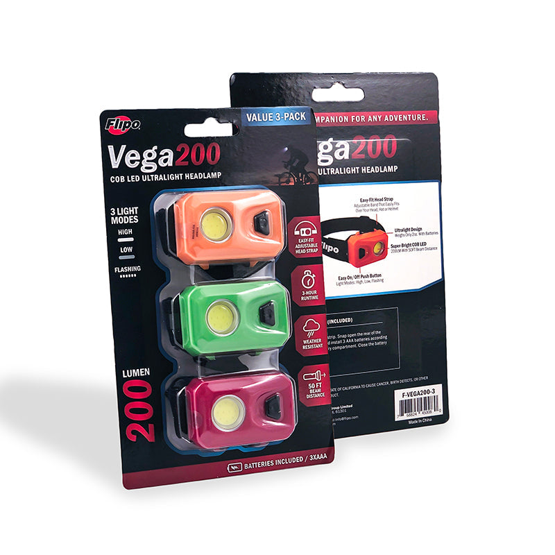 Vega 200 COB LED Ultralight 3-Pack Headlamps in red, orange, and green colors, showcasing their compact design and adjustable headband.