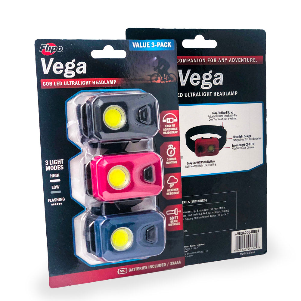 Vega 200 COB LED Ultralight 3-Pack Headlamps in red, orange, and green colors, showcasing their compact design and adjustable headband.