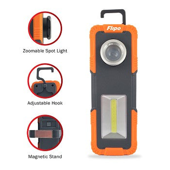 Vulcan Dual Zoom Work Light showcasing its compact design, ergonomic grip, and multiple lighting features.