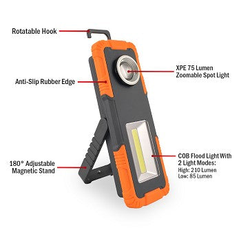 Vulcan Dual Zoom Work Light showcasing its compact design, ergonomic grip, and multiple lighting features.