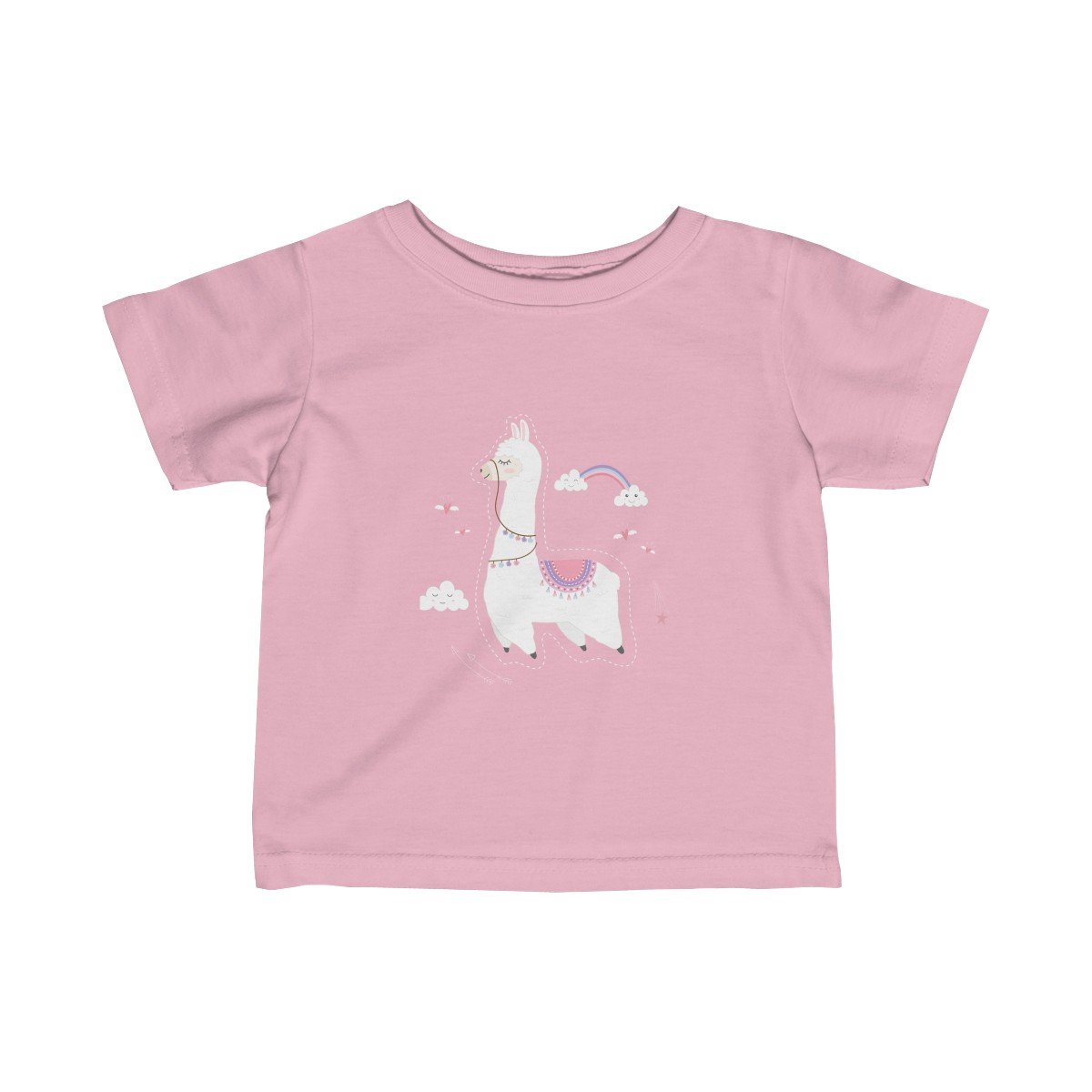 A soft cotton infant tee featuring a cute baby llama and a colorful rainbow design, perfect for girls.