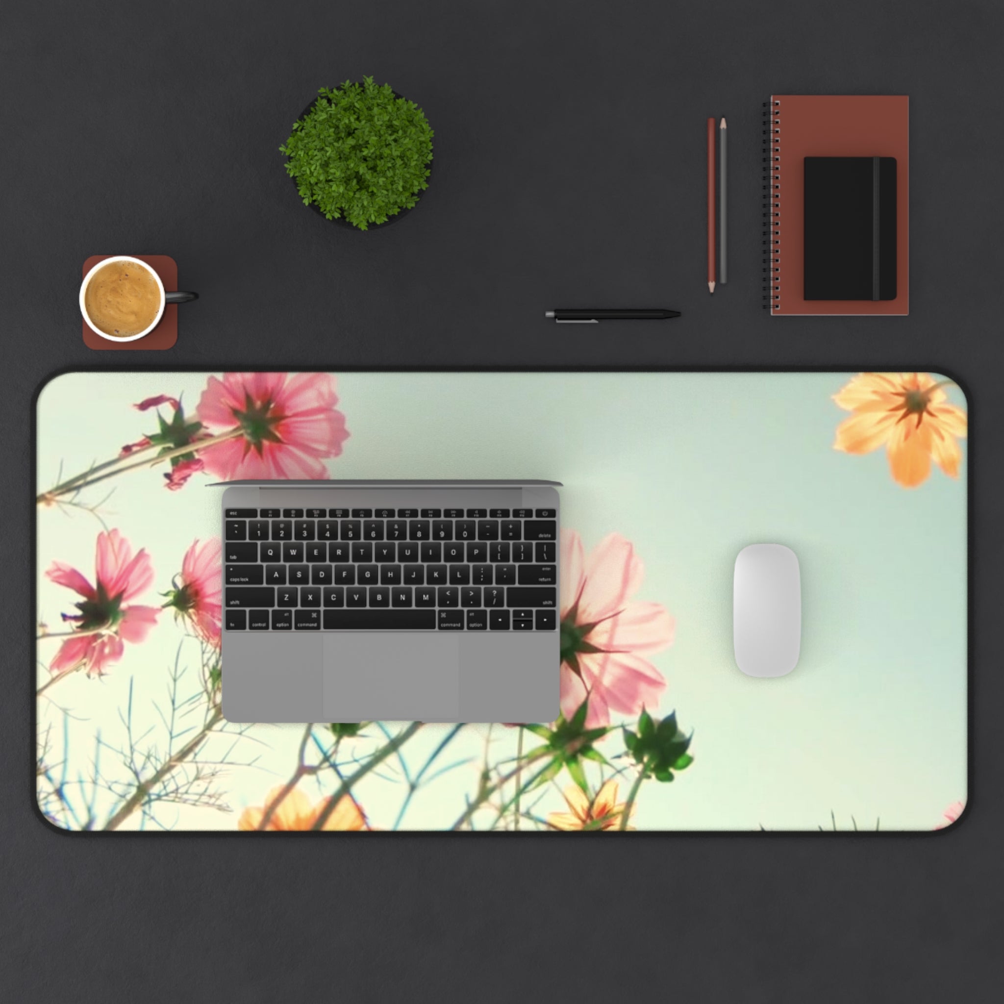 Flowers In The Field Desk Mat featuring a vibrant floral design, 4mm thick neoprene material, and anti-slip backing for stability.