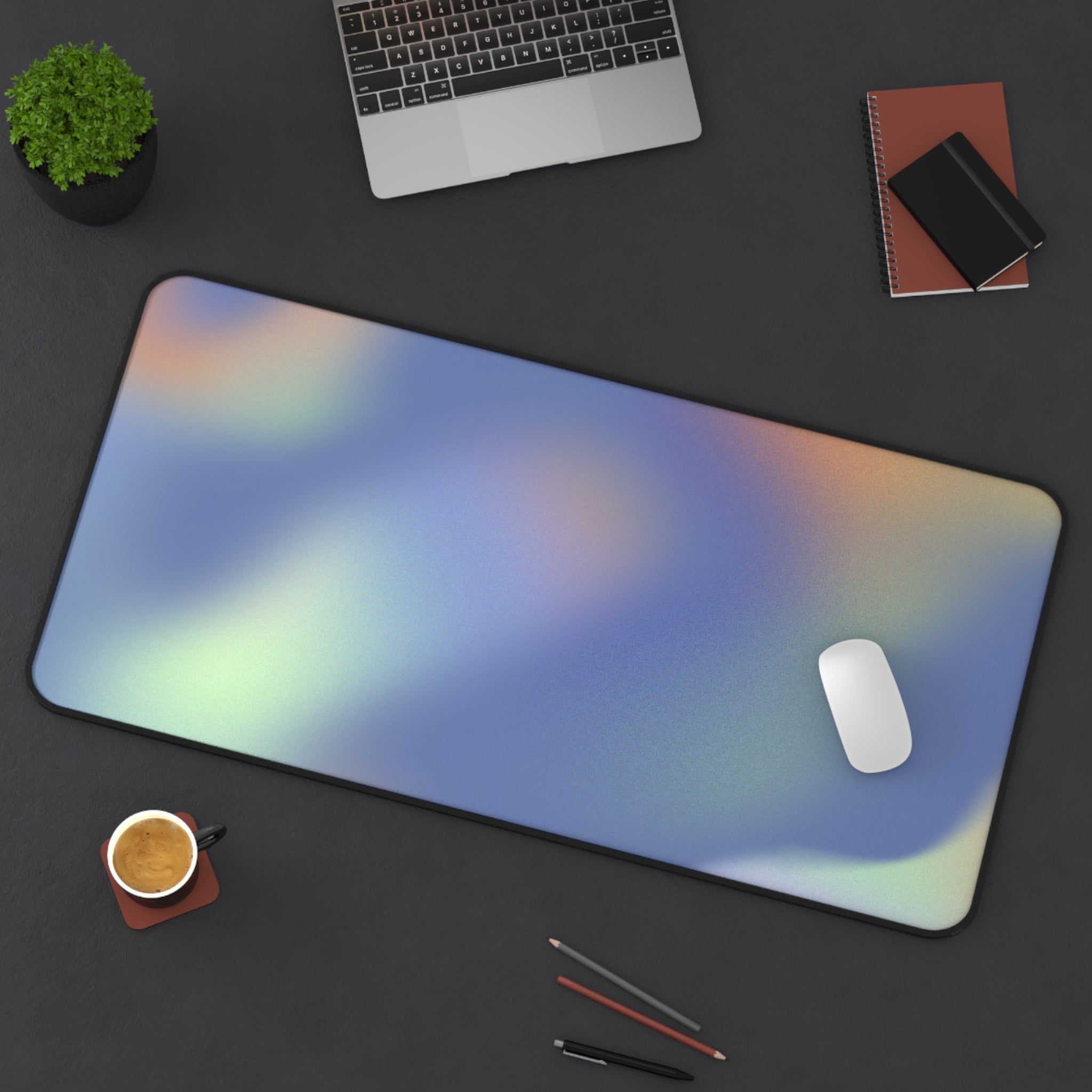 Green Glowing Swirls Desk Mat featuring vibrant swirls and a smooth surface, ideal for gaming and office use.