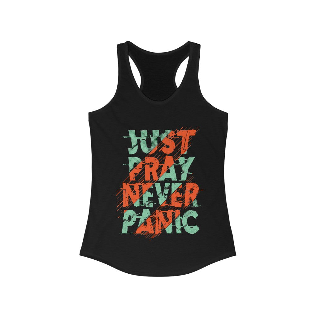 Just Pray Never Panic Racerback Tank Top Tee in a slim fit, made from soft cotton and polyester, perfect for casual wear and workouts.