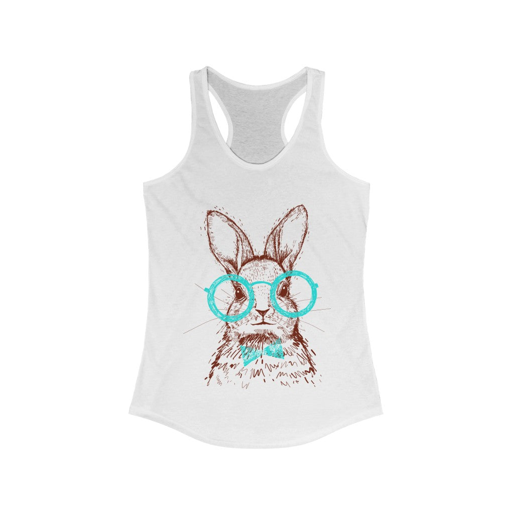 Reading Bunny Racerback Tank Top featuring a cute bunny graphic, slim fit design, and lightweight fabric, perfect for book lovers.