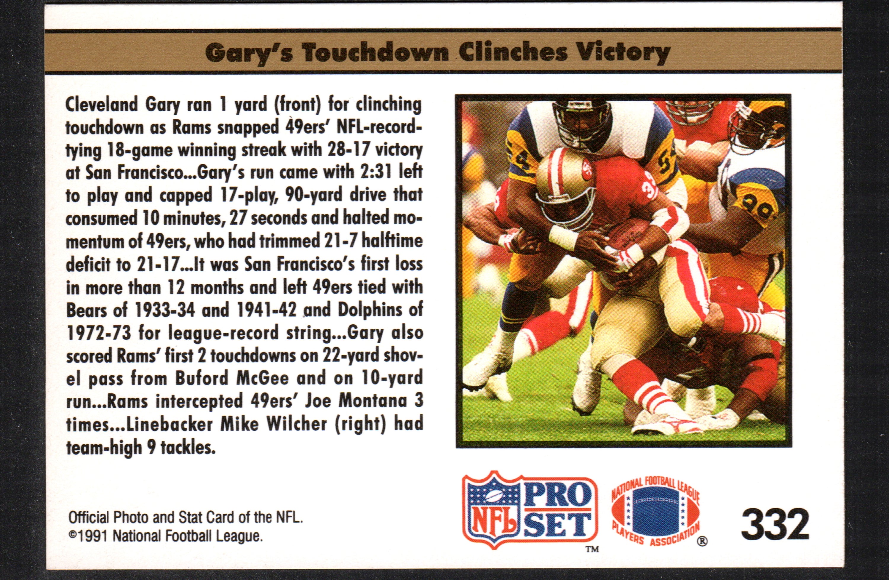 1991 Pro Set trading card featuring Cleveland Gary in action during Rams vs. 49ers game.