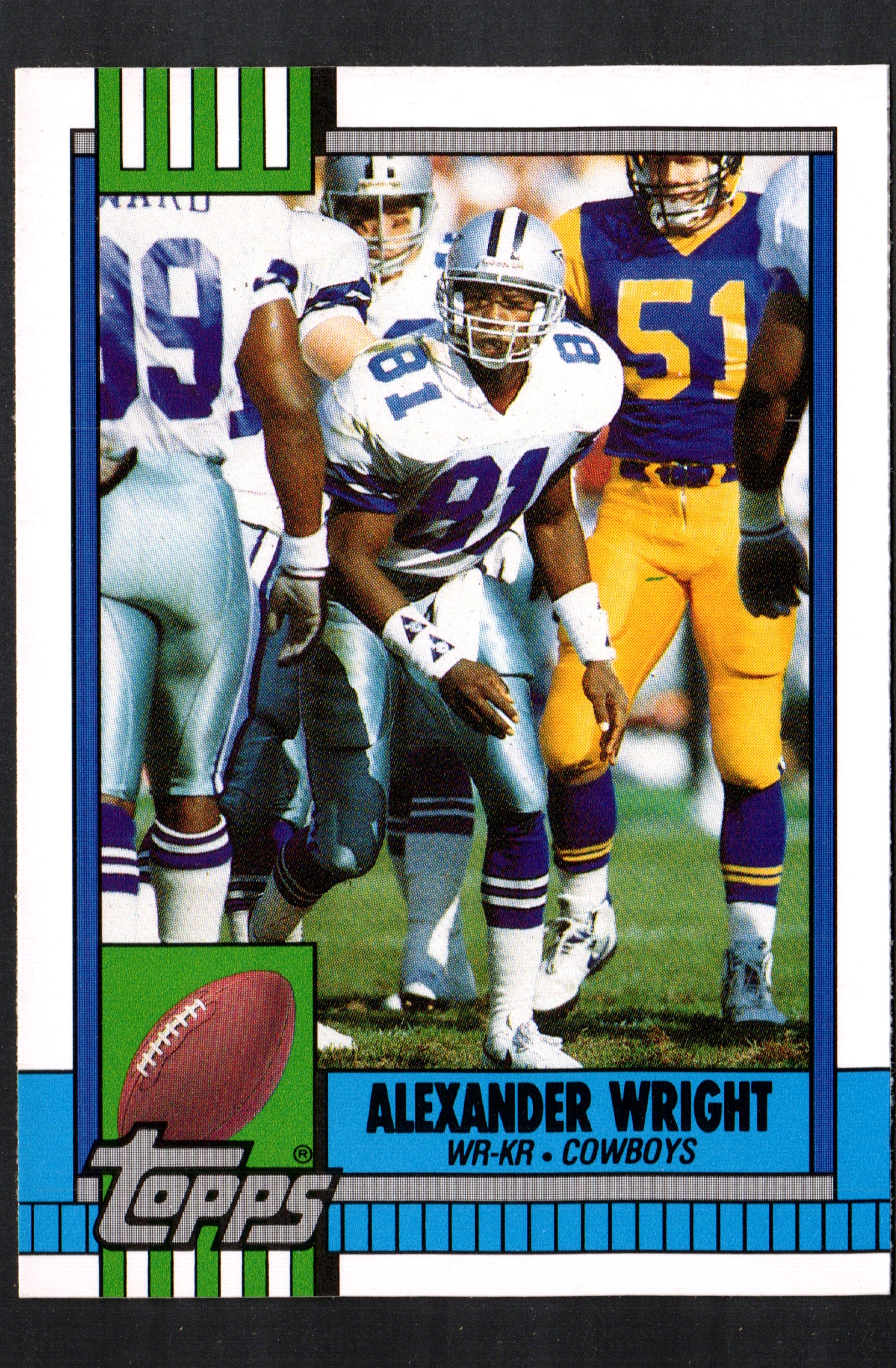 Alexander Wright Dallas Cowboys #42T trading card from 1990 Topps collection, featuring vibrant colors and standard size.