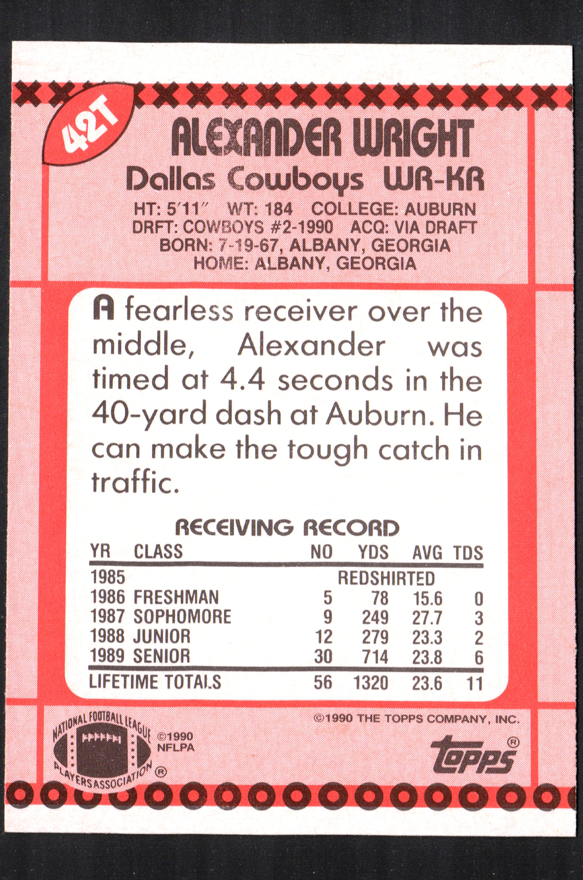 Alexander Wright Dallas Cowboys #42T trading card from 1990 Topps collection, featuring vibrant colors and standard size.