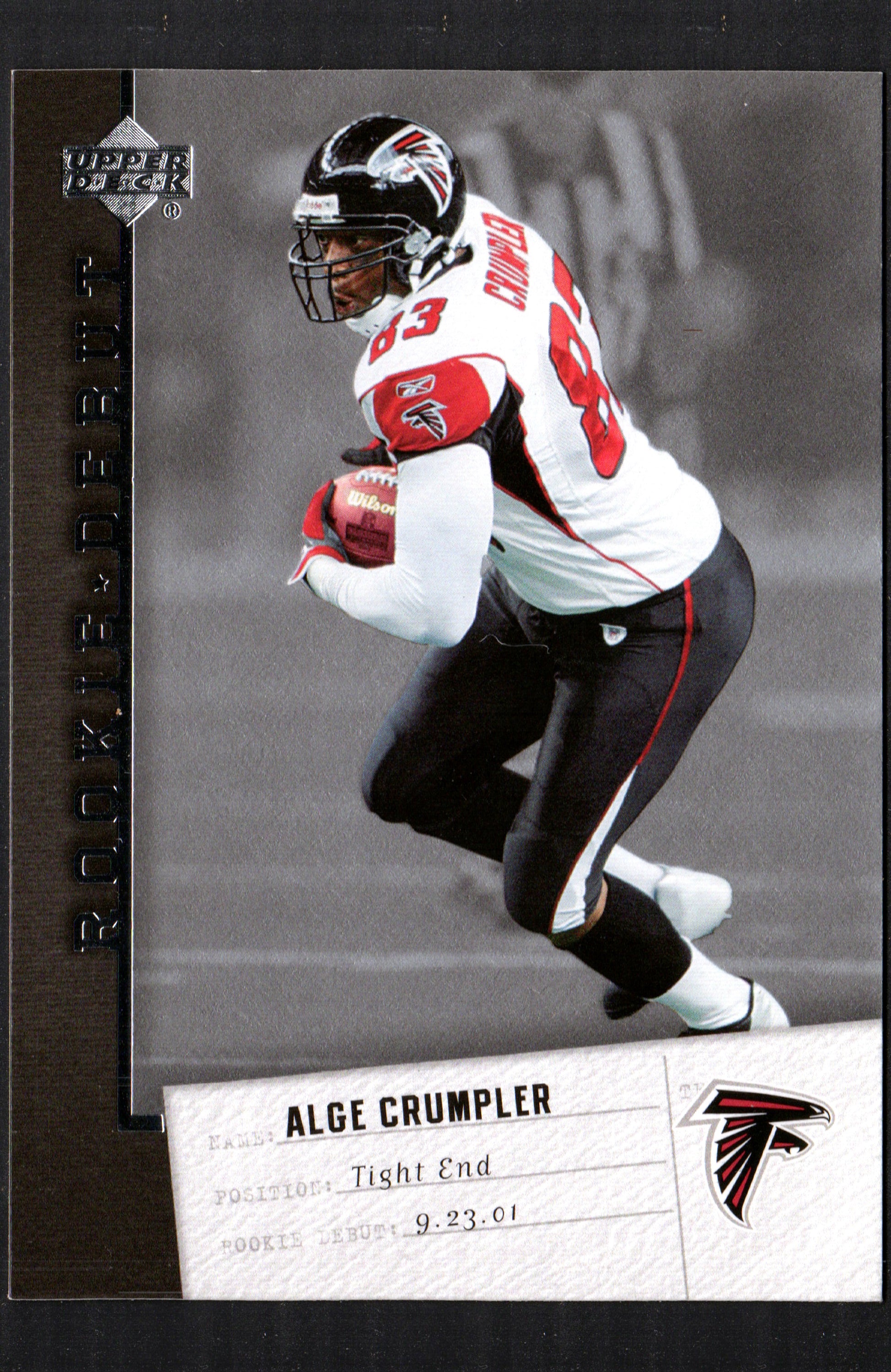 Alge Crumpler Atlanta Falcons #5 trading card from 2006 Upper Deck Rookie Debut, featuring vibrant graphics and player details.
