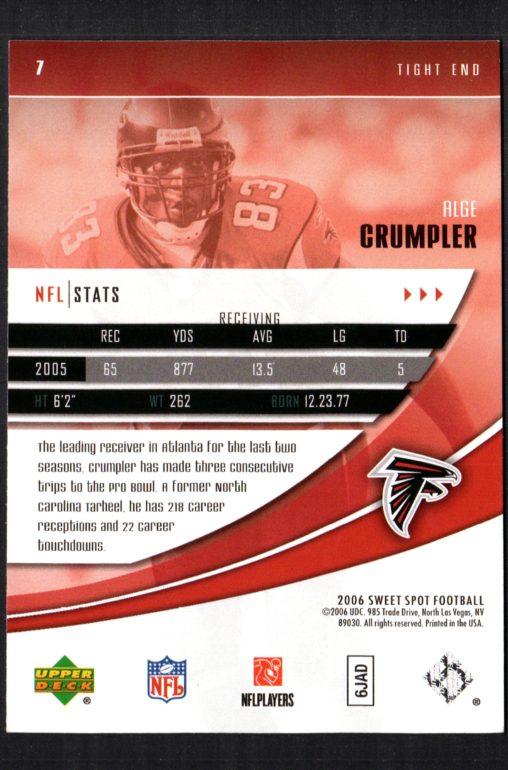 Alge Crumpler Atlanta Falcons #7 trading card from 2006 Sweet Spot set, showcasing vibrant colors and detailed player image.