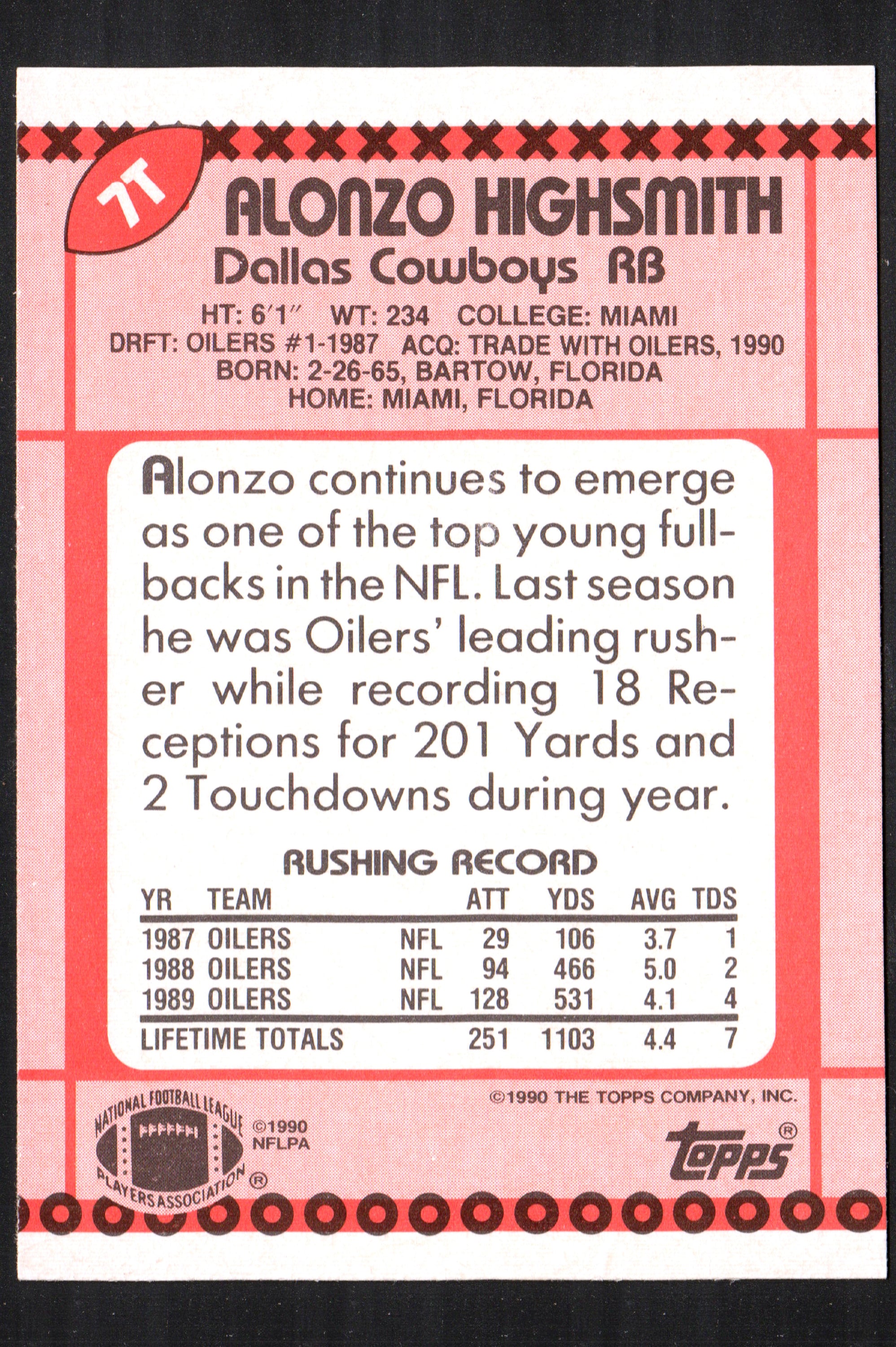 1990 Topps trading card featuring Alonzo Highsmith in Dallas Cowboys uniform, card number 7T.