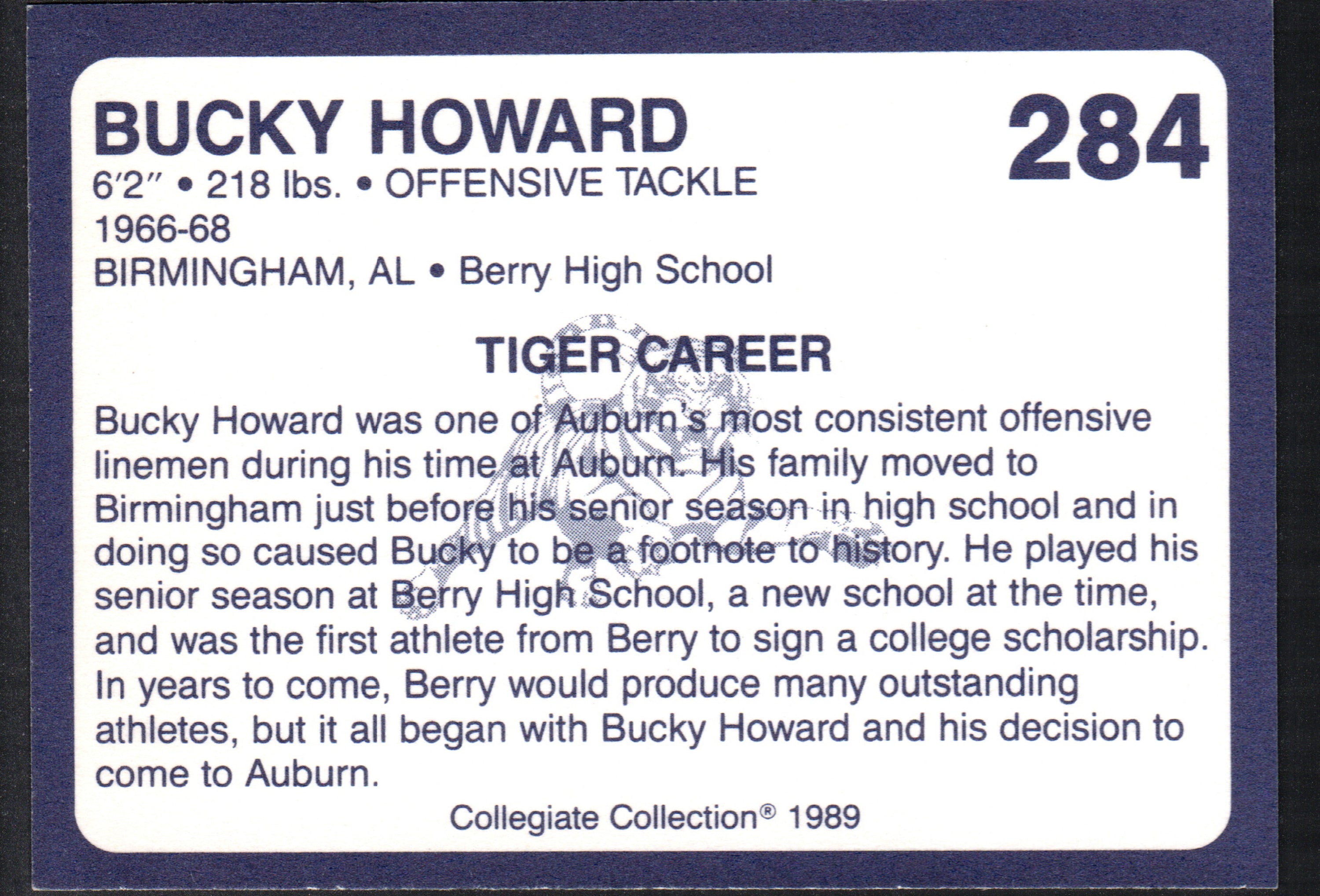 Bucky Howard Auburn Tigers #284 trading card from 1989 Collegiate Collection featuring a football player in action.