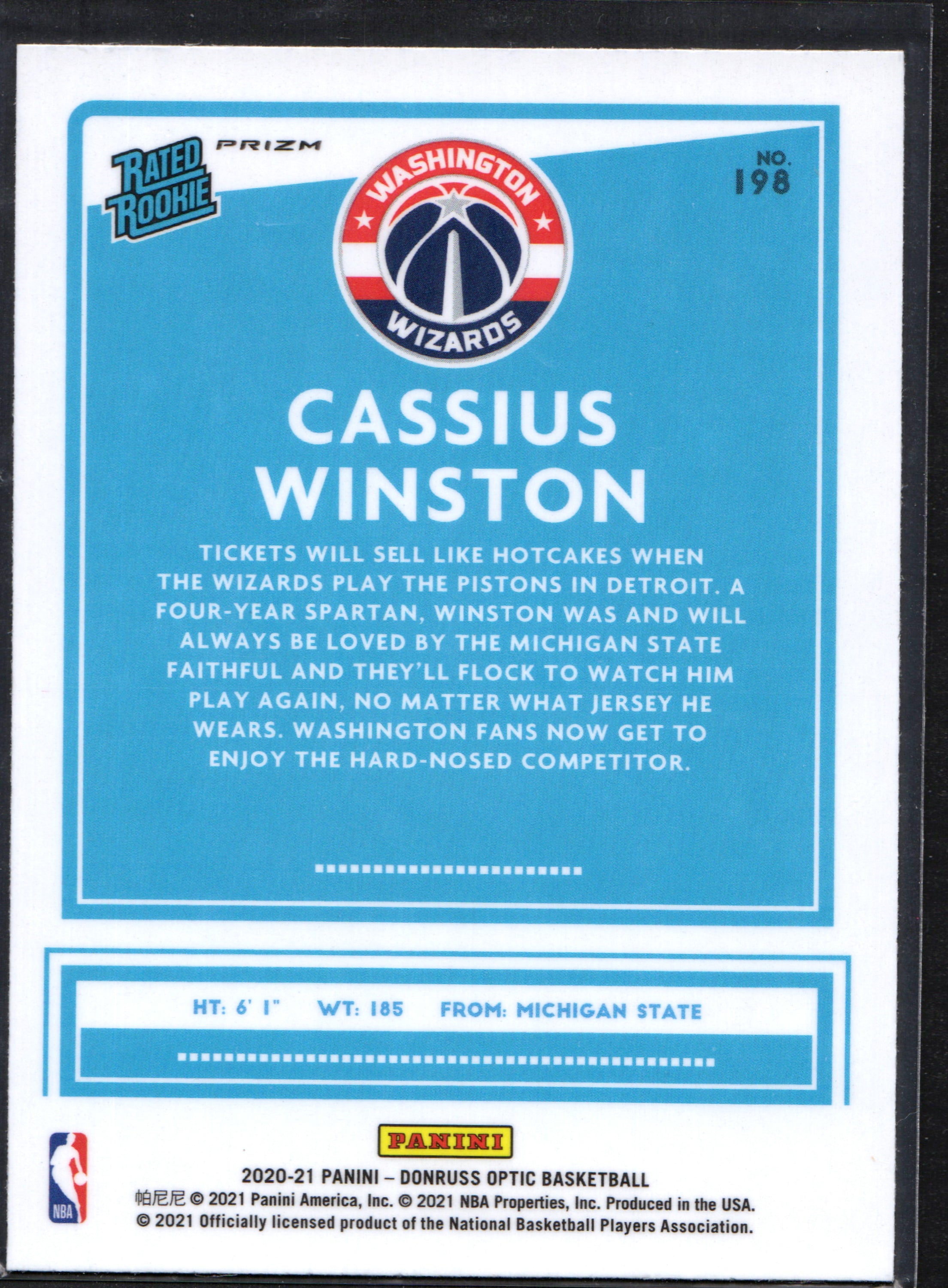 Cassius Winston Washington Wizards #198 2020-21 Panini Silver basketball trading card featuring rookie player in action.