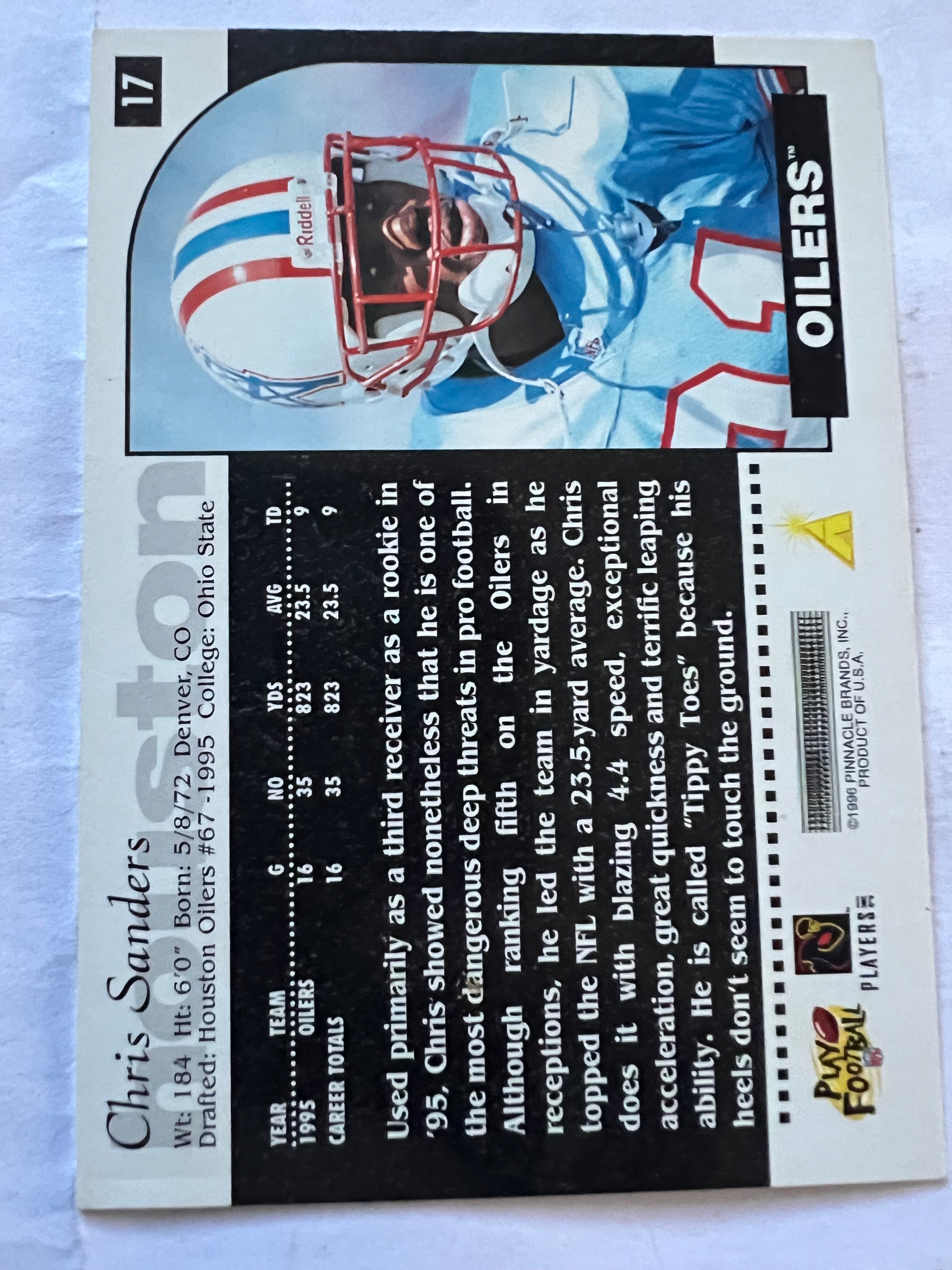 1996 Score Football Card featuring Chris Sanders of the Houston Oilers, card number 17, showcasing vibrant colors and design.