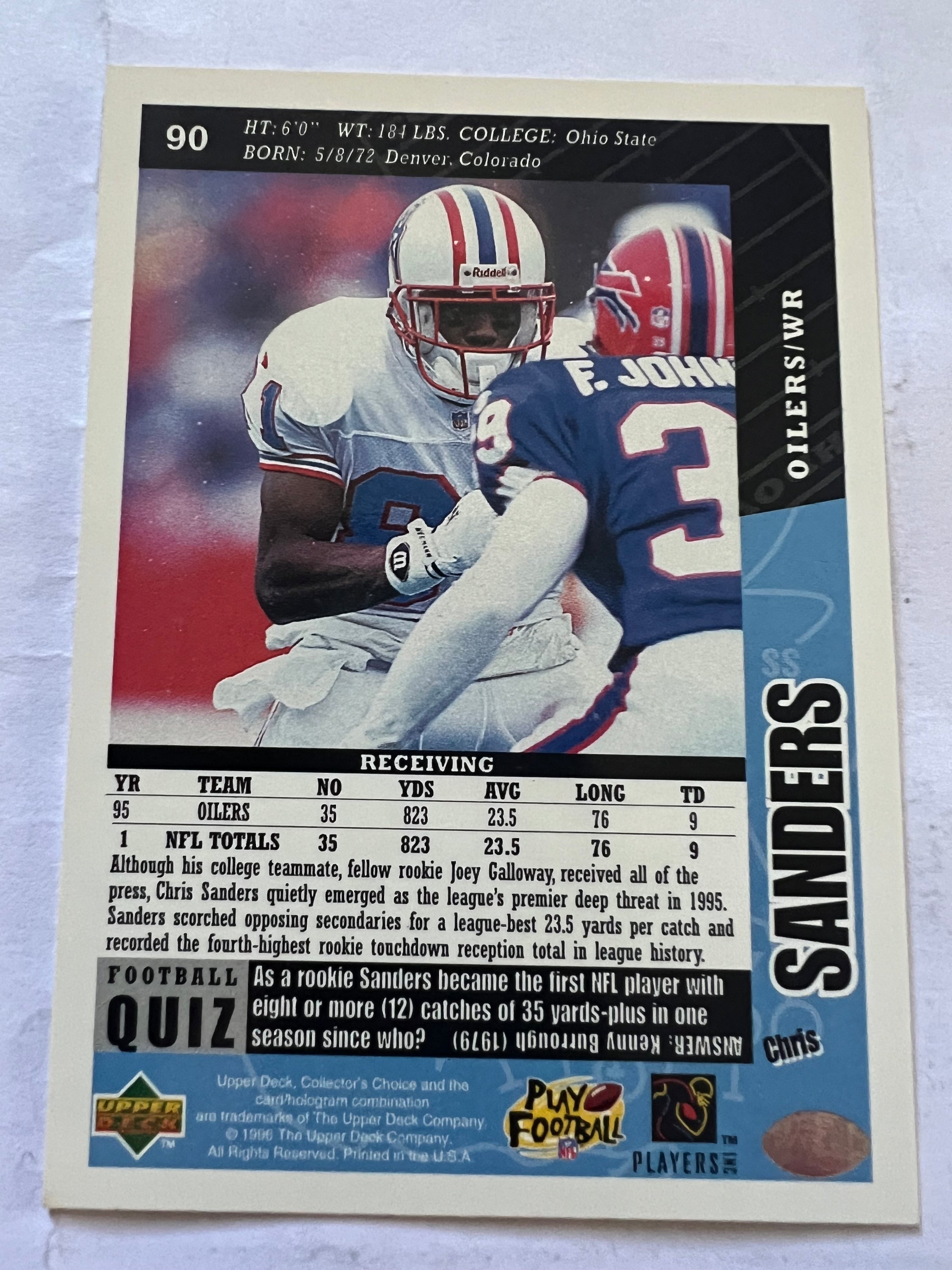 1996 Upper Deck Collector's Choice card featuring Chris Sanders of the Houston Oilers, card number 90, showcasing vibrant colors and player details.