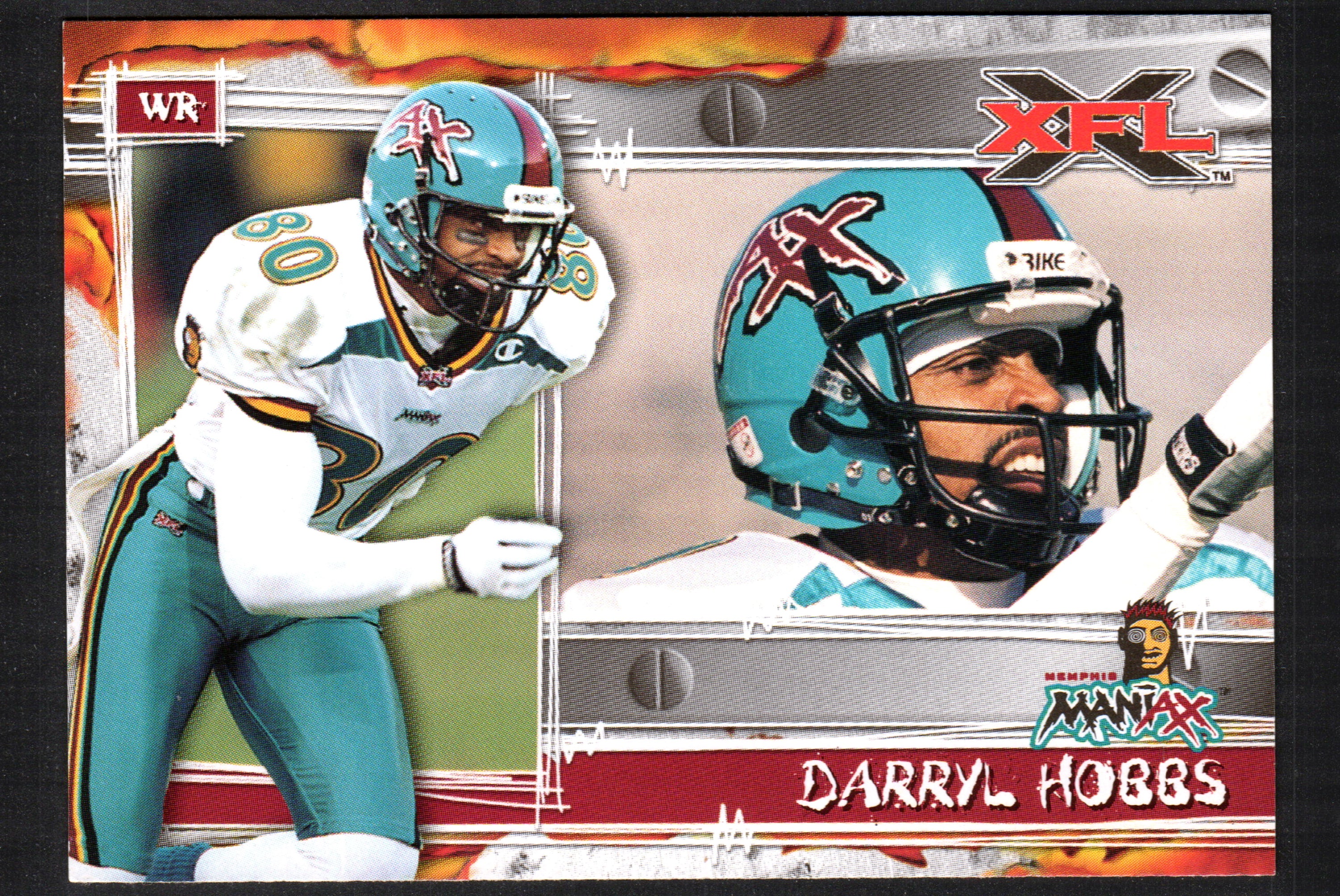 Darryl Hobbs Memphis Maniax #55 trading card from 2001 Topps XFL, featuring player action shot and card details.