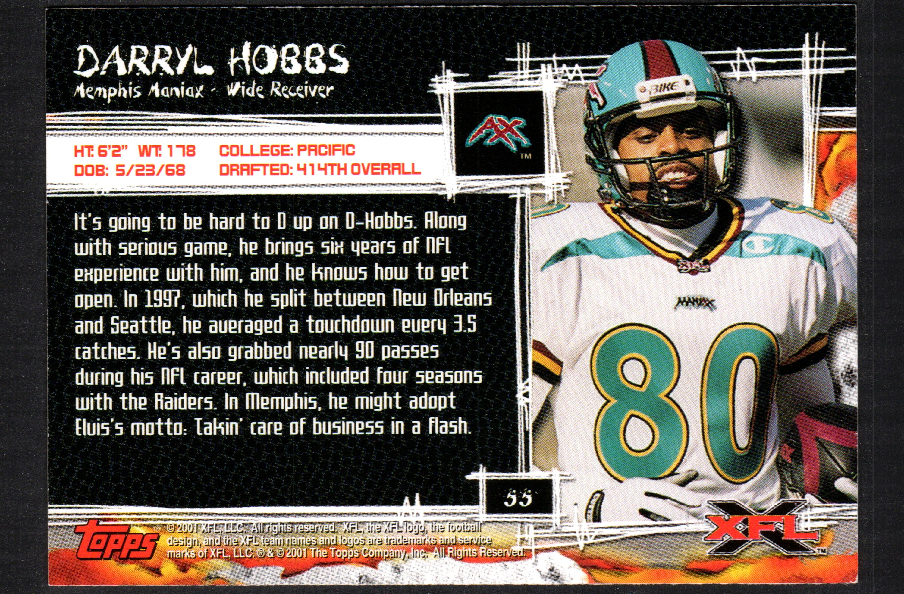 Darryl Hobbs Memphis Maniax #55 trading card from 2001 Topps XFL, featuring player action shot and card details.