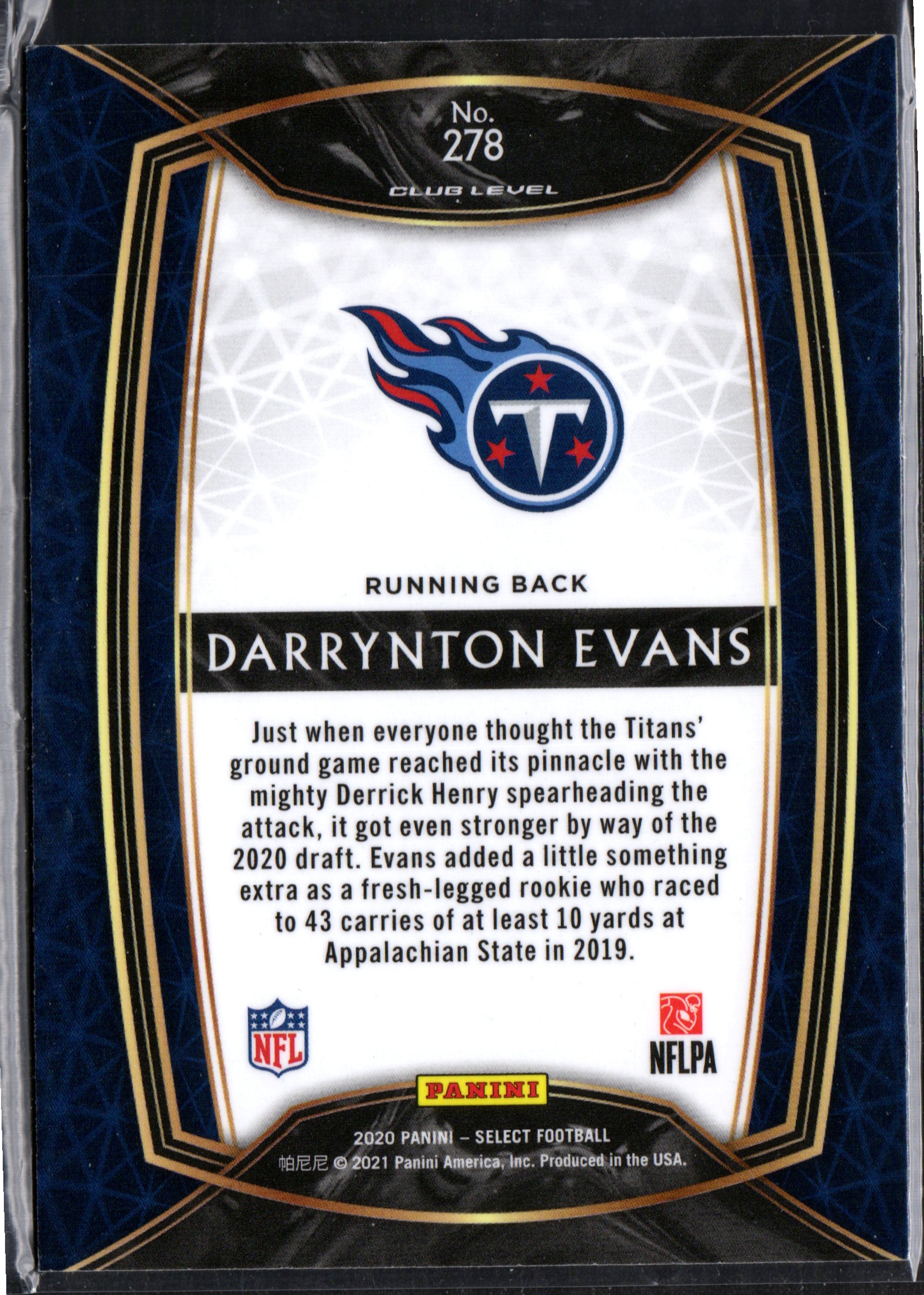 Darrynton Evans Tennessee Titans #278 trading card from 2020 Panini Select, featuring an action shot of the rookie player.