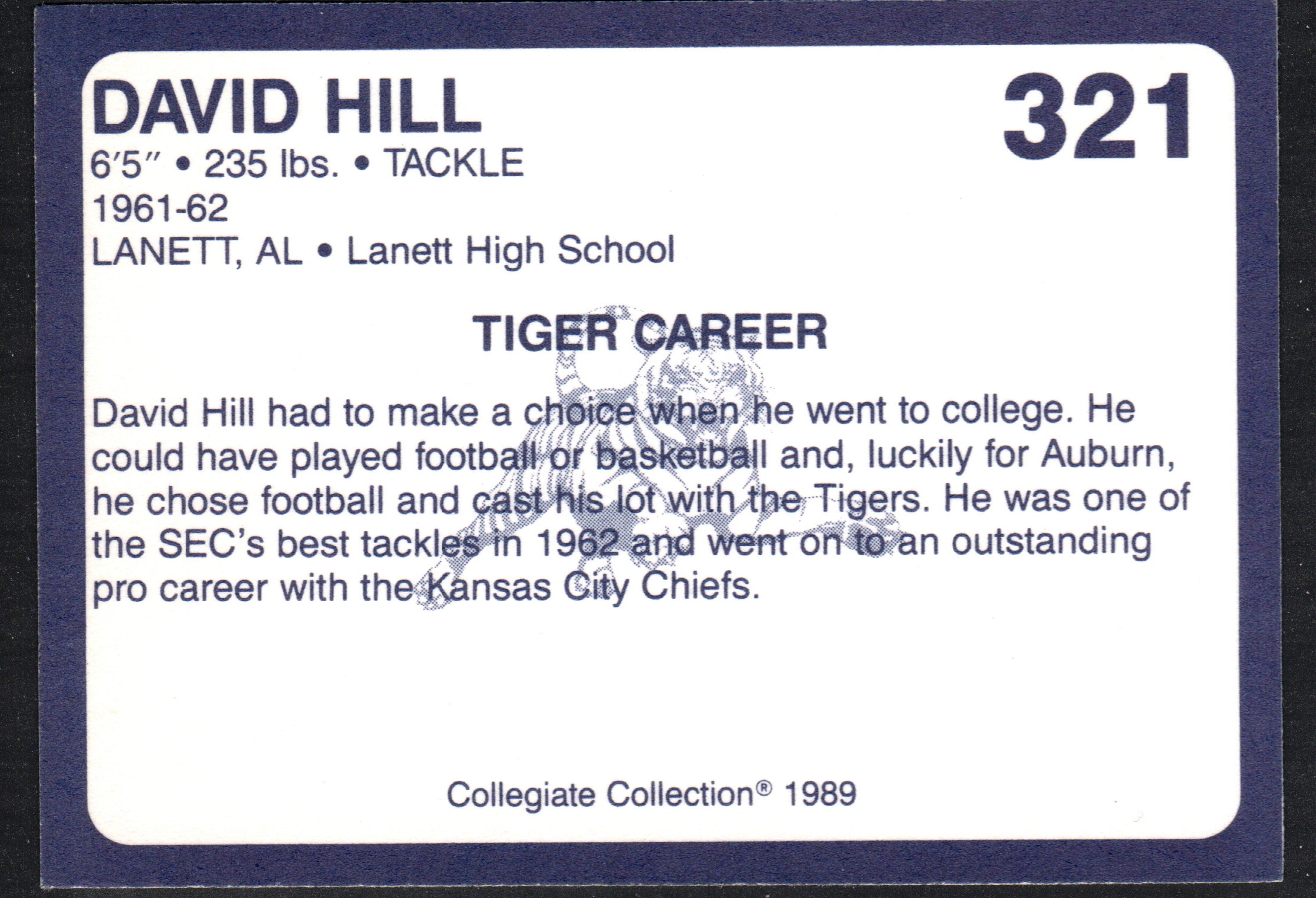 1989 David Hill Auburn Tigers trading card featuring a small bend in the top left corner.