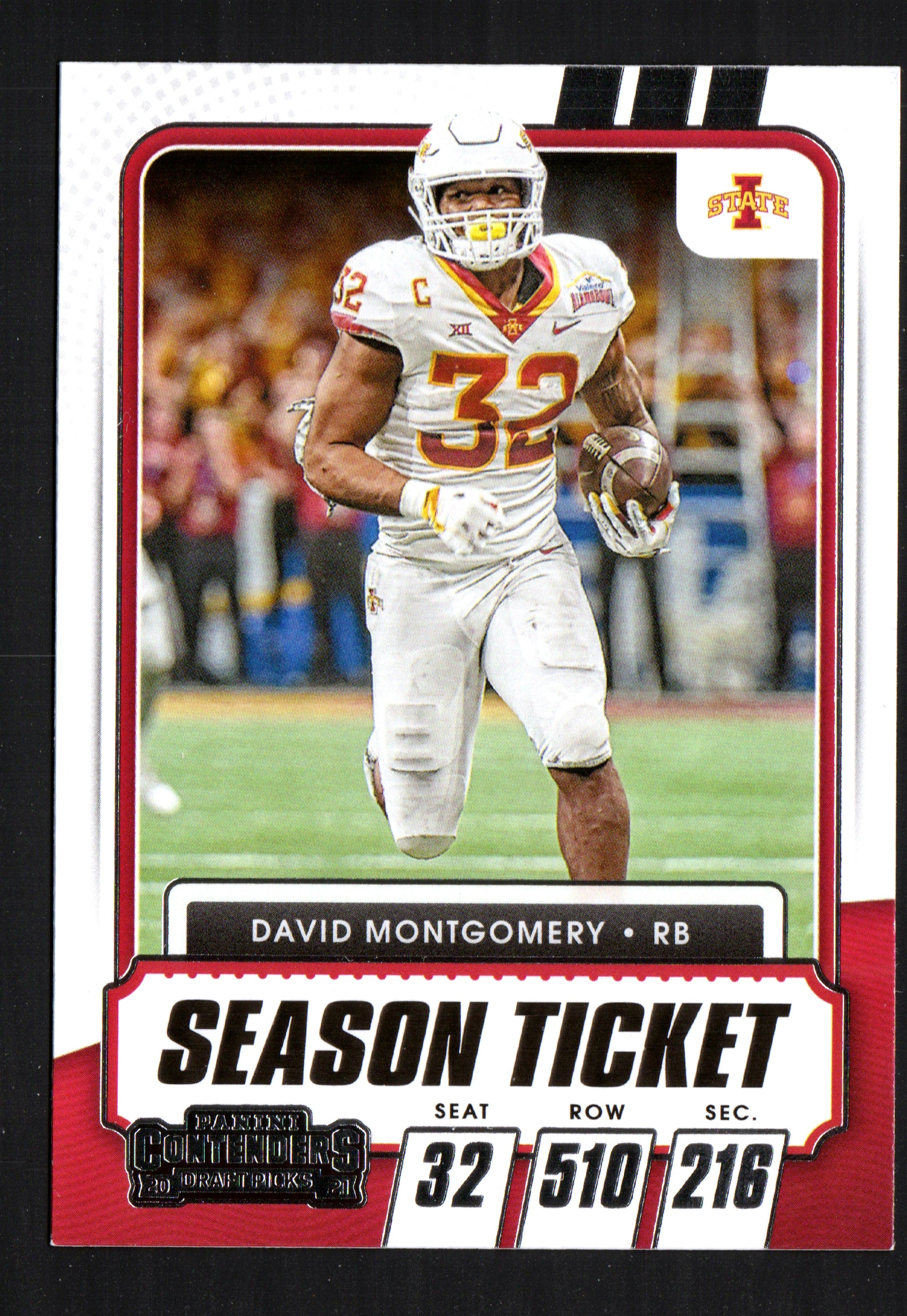 David Montgomery Iowa State Cyclones #65 trading card from 2021 Panini, showcasing the player in vibrant colors.