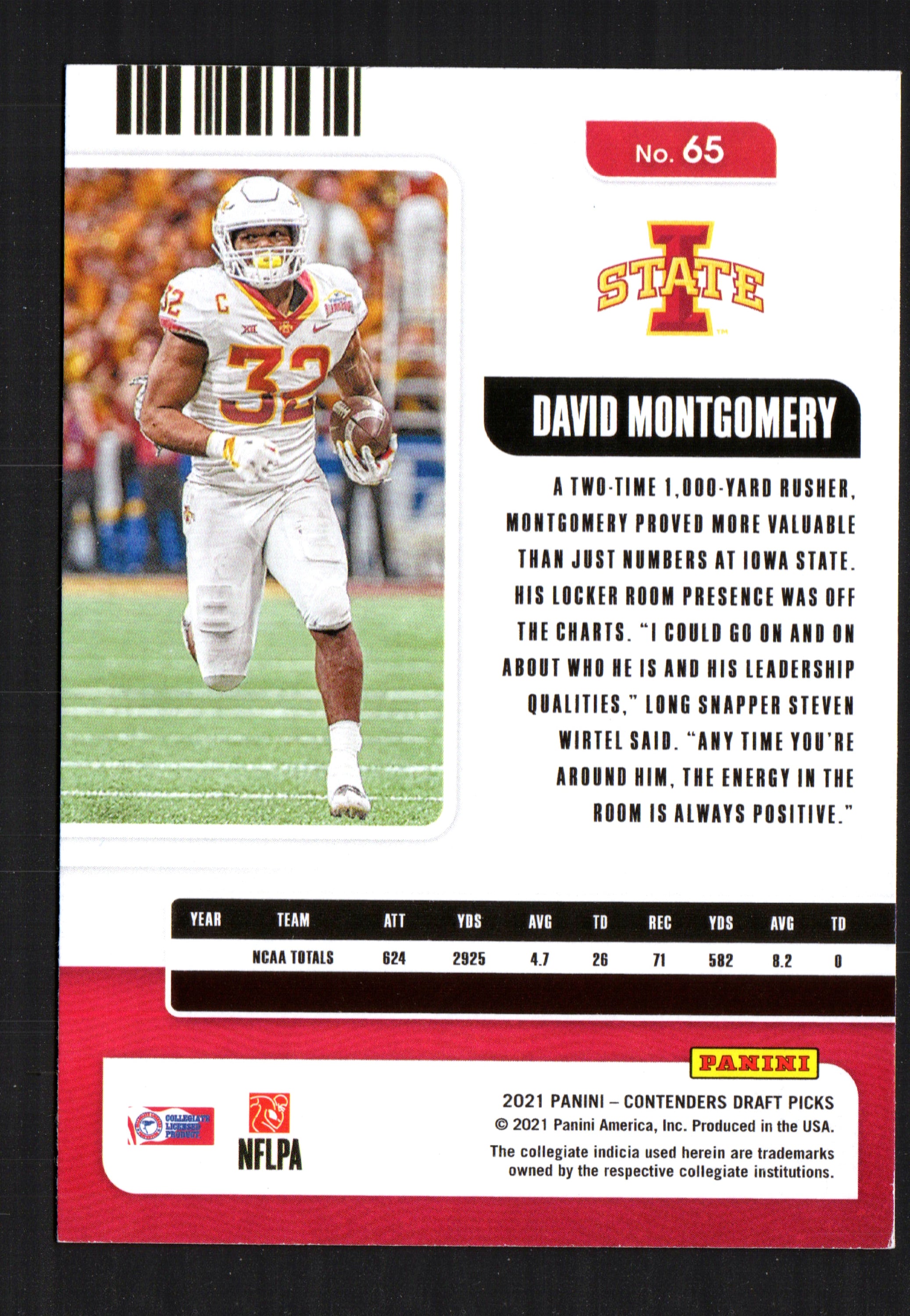 David Montgomery Iowa State Cyclones #65 trading card from 2021 Panini, showcasing the player in vibrant colors.