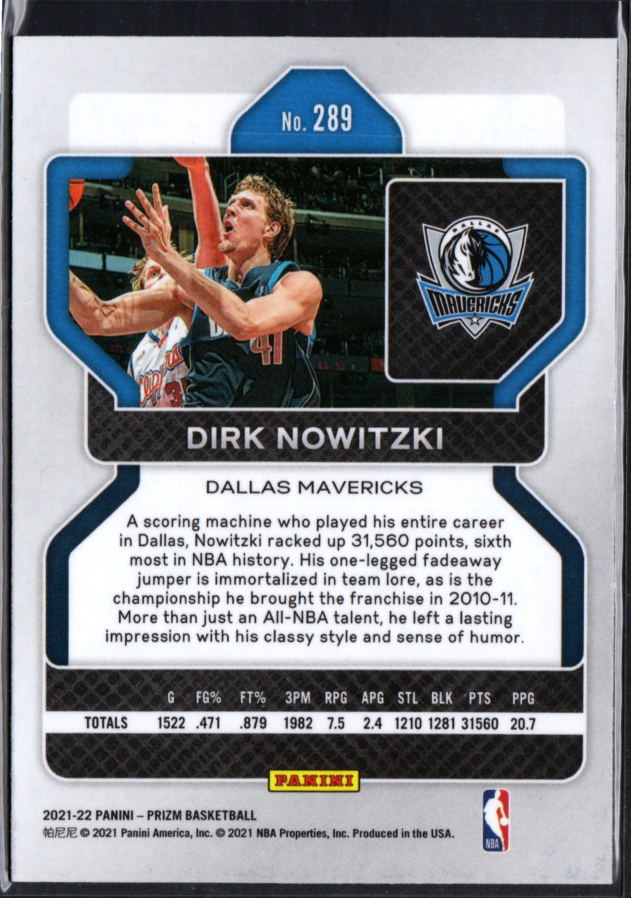 Dirk Nowitzki Dallas Mavericks #289 trading card from the 2021-22 Panini Prizm set, showcasing vibrant colors and detailed design.