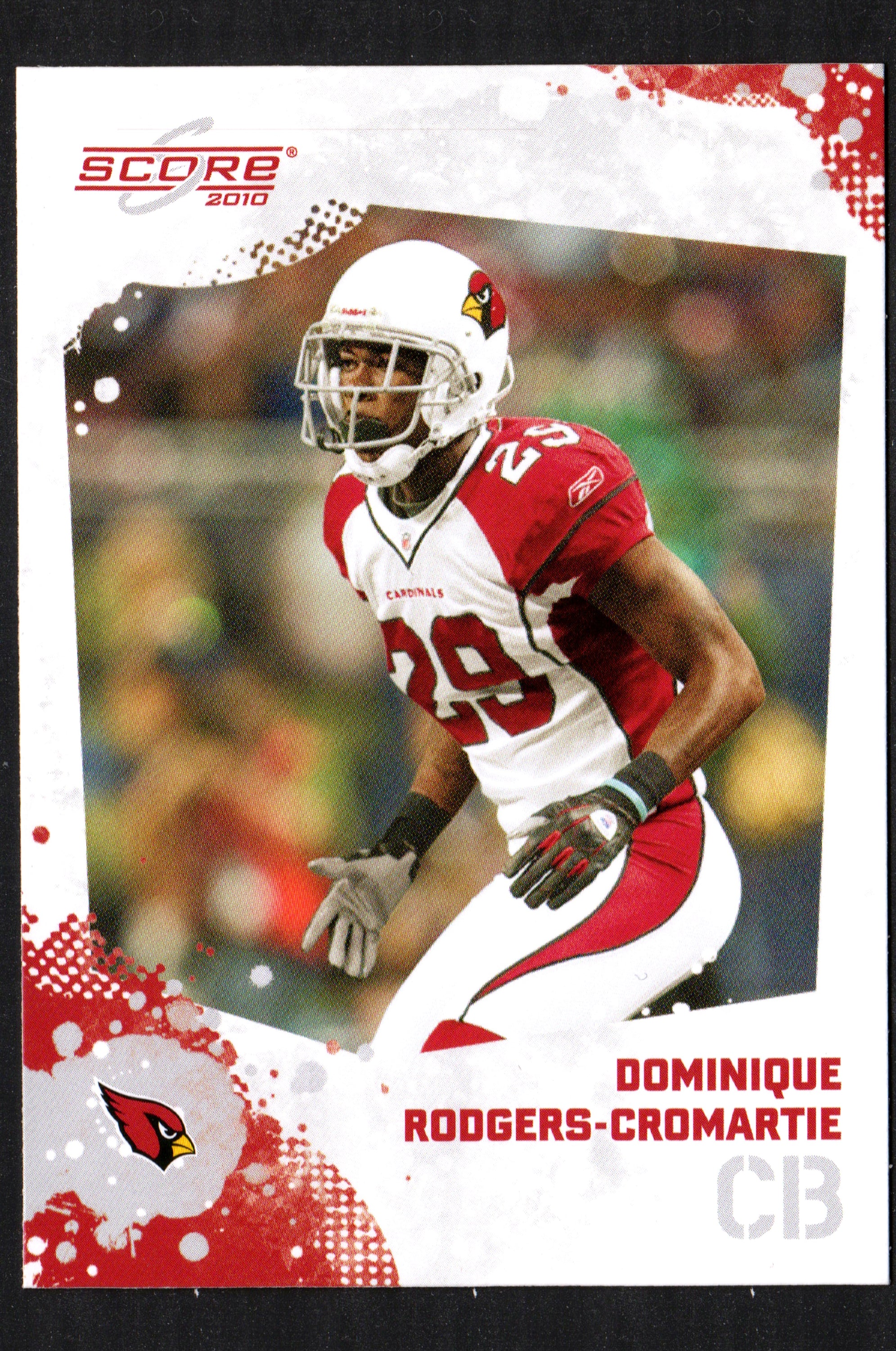 Dominique Rodgers-Cromartie trading card from 2010 Score, featuring him in Arizona Cardinals uniform, numbered #4.