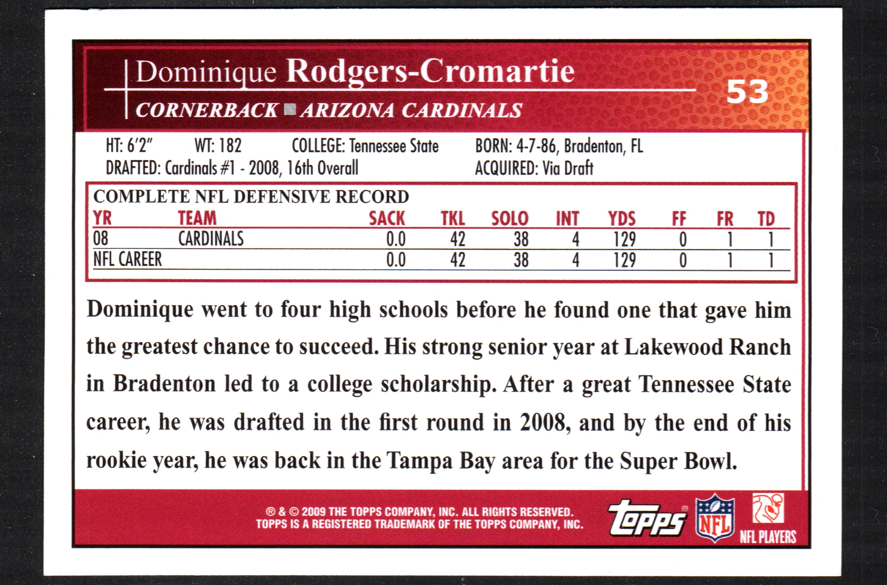 Dominique Rodgers-Cromartie Arizona Cardinals #53 trading card from 2009 Topps, featuring the player in action.
