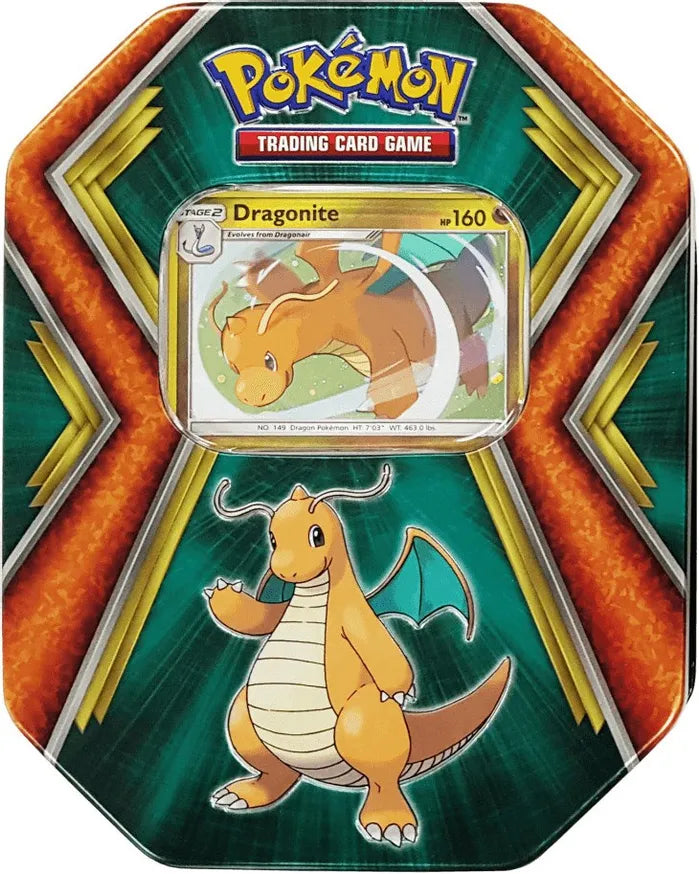 Dragonite Dragons Tin featuring a foil promo card, booster packs, and a code card for Pokémon TCG Live, beautifully designed for collectors.