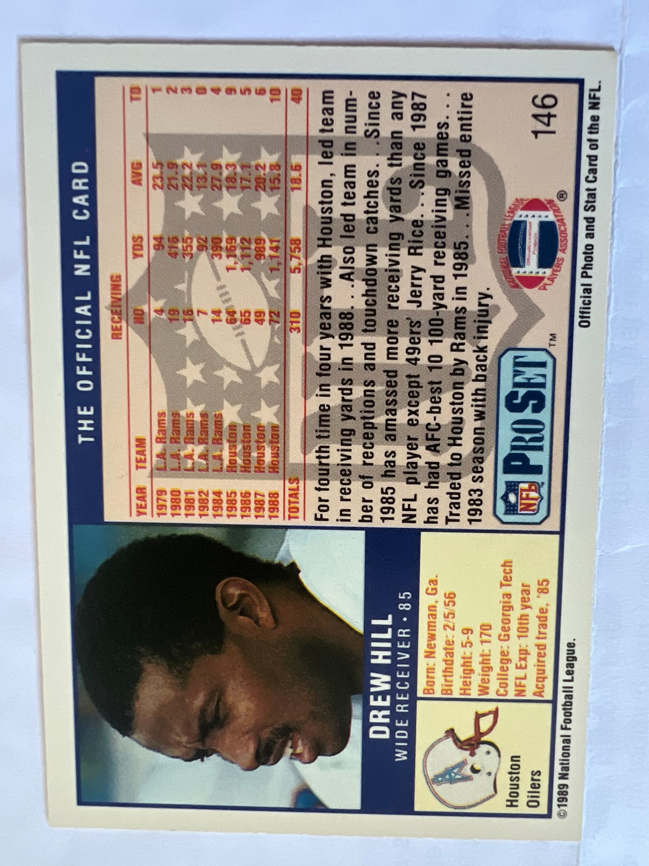 Vintage 1989 Drew Hill Houston Oilers #146 trading card from Pro Set, featuring player details and vibrant design.