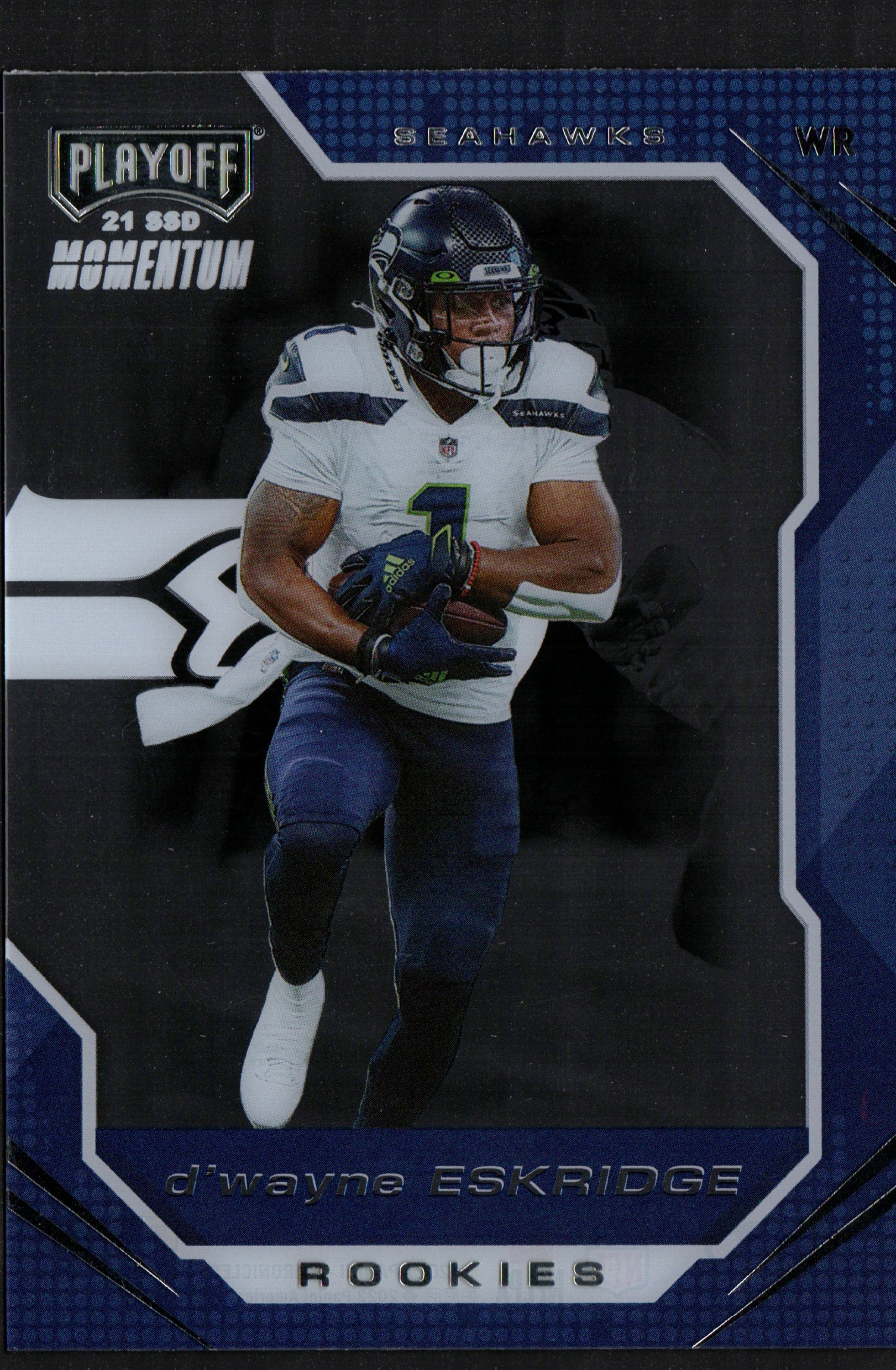 D'Wayne Eskridge Seattle Seahawks trading card from 2021 Panini Chronicles, showcasing the rookie player in vibrant colors.