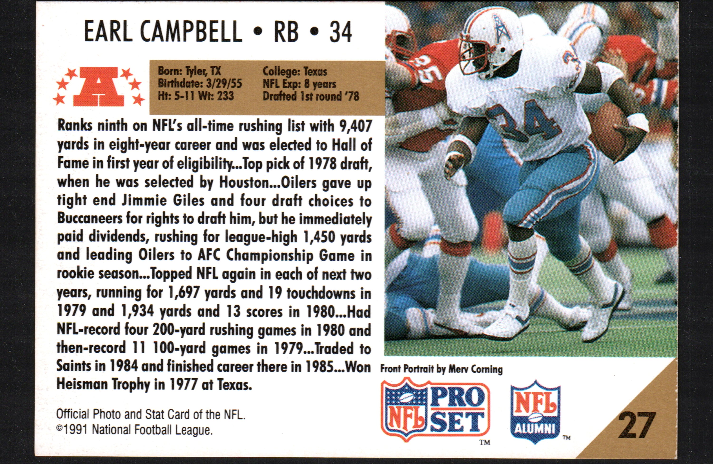 1991 Pro Set trading card featuring Earl Campbell, Houston Oilers #27, showcasing vibrant colors and detailed player information.