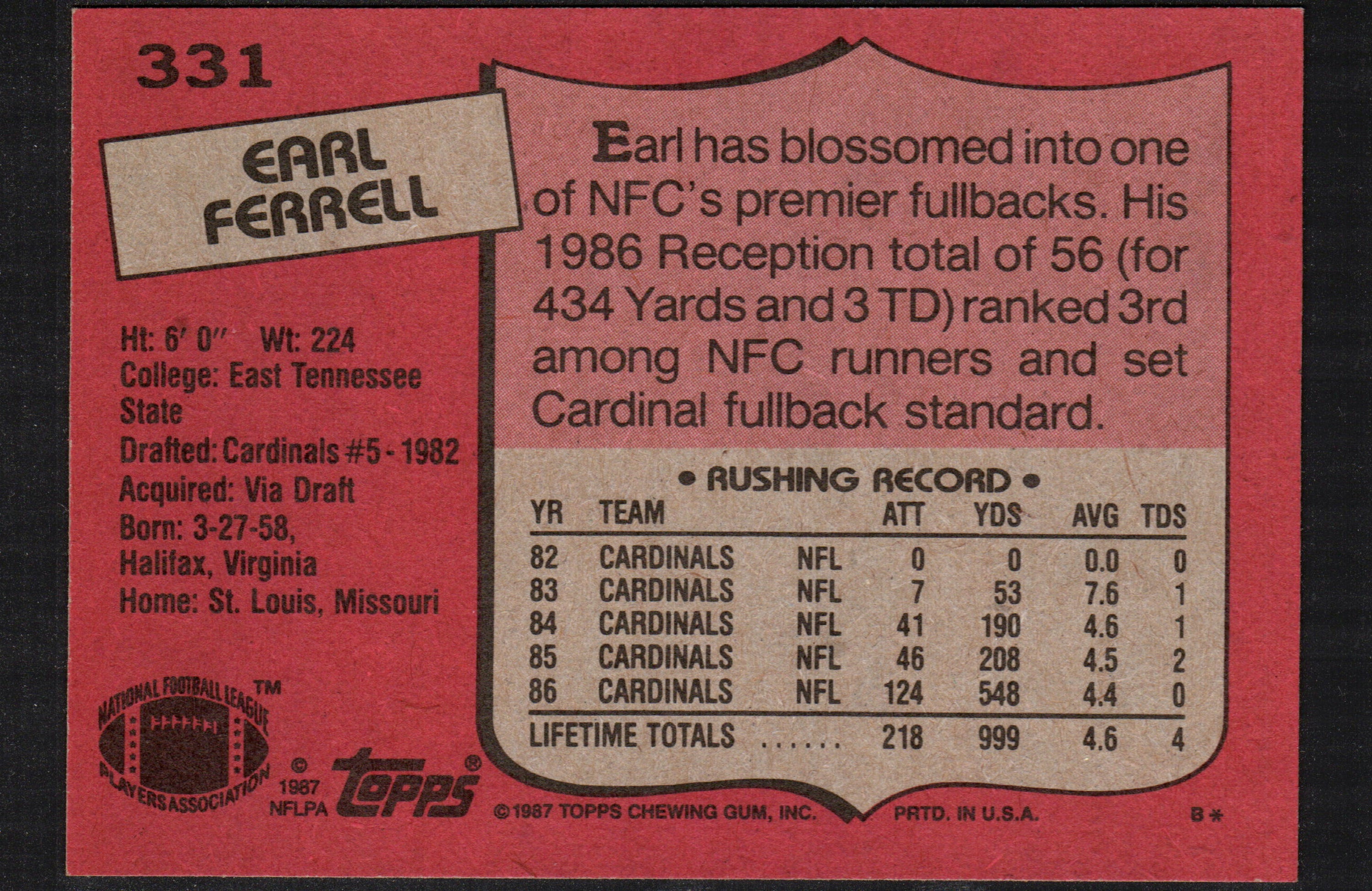 1987 Topps Earl Ferrell trading card featuring St. Louis Cardinals player, card number 331, in vibrant colors.