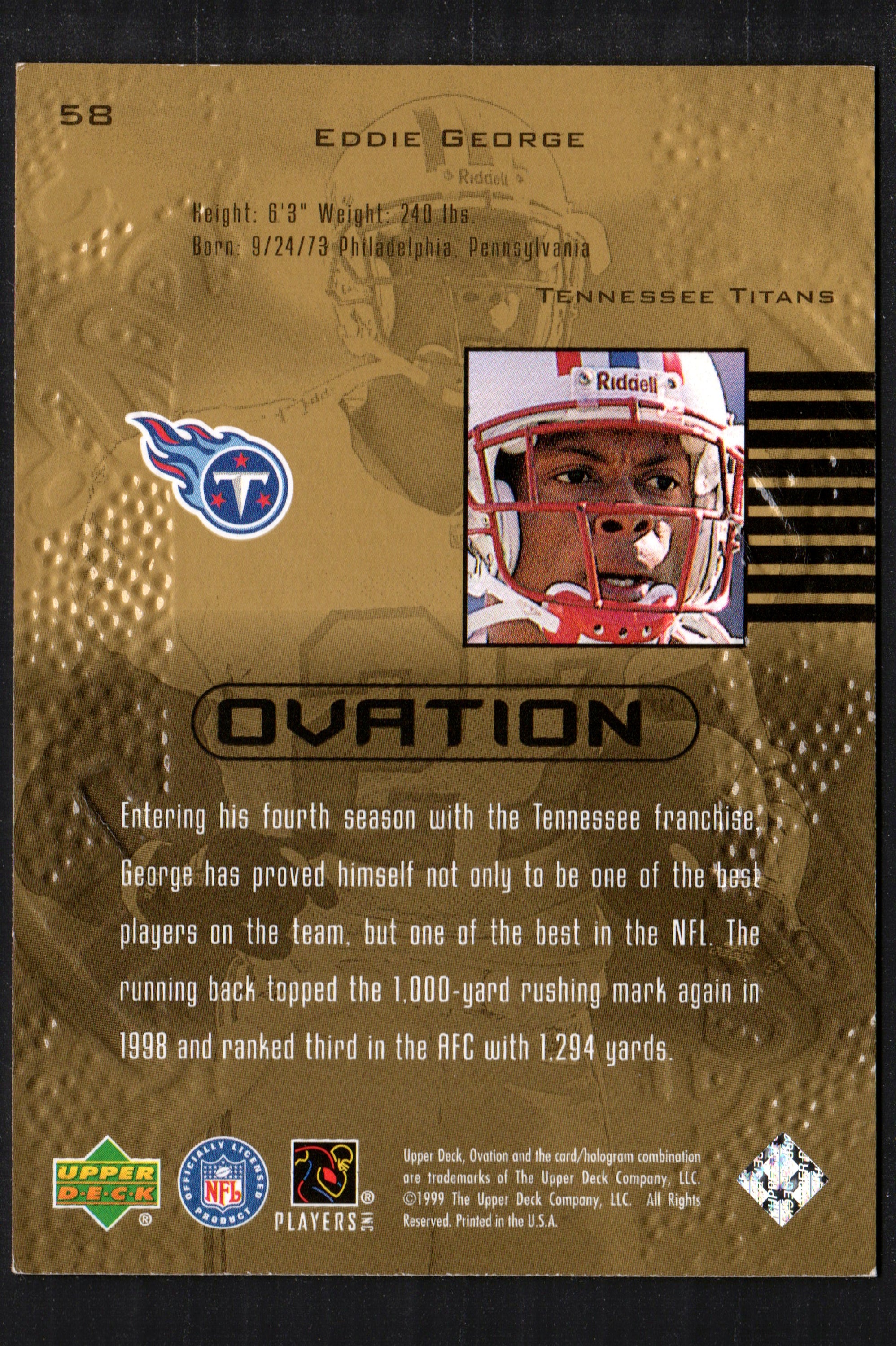 Eddie George Tennessee Titans #58 trading card from 1999 Upper Deck Ovation, featuring a glossy finish and vibrant colors.
