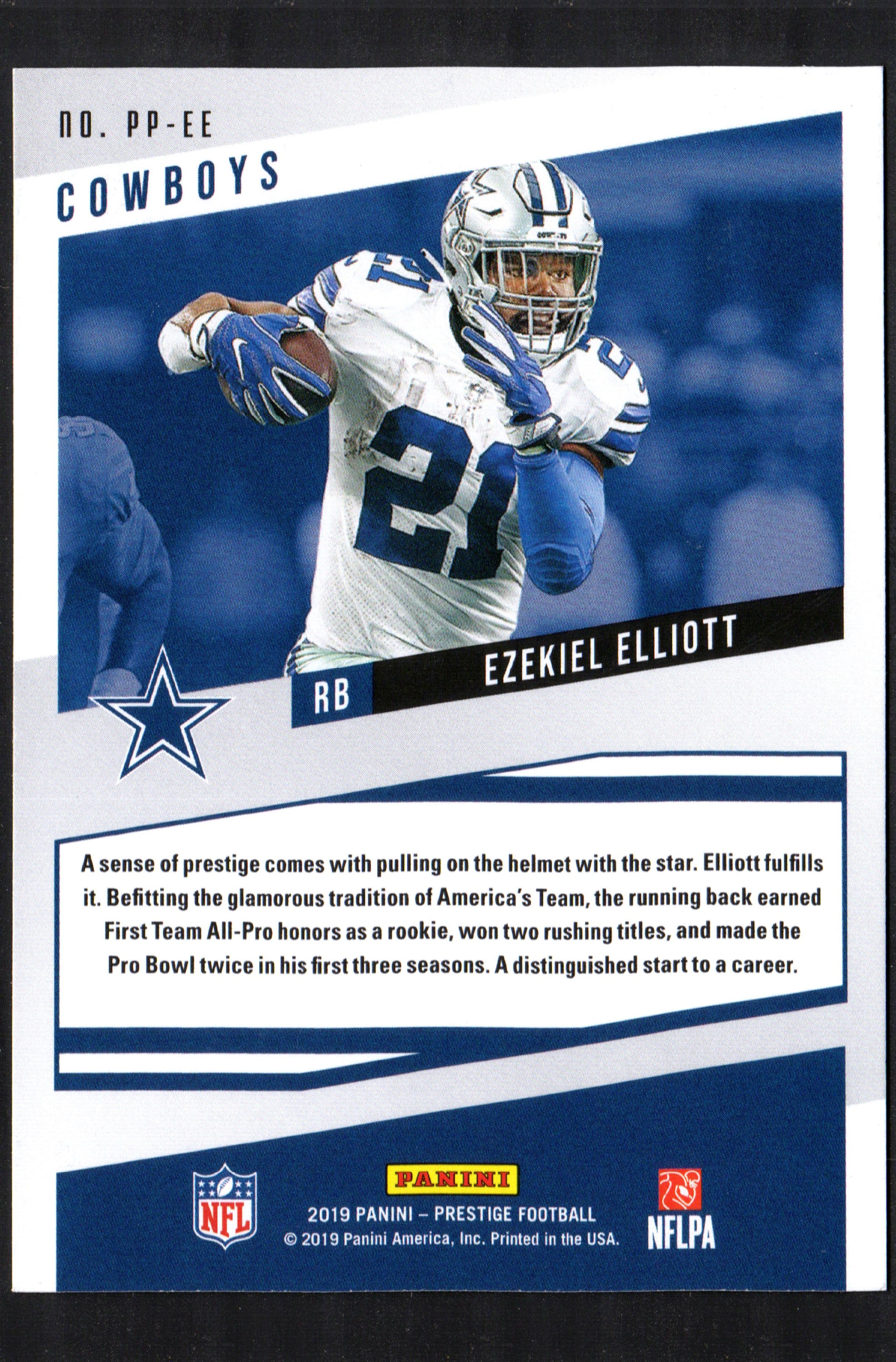 Ezekiel Elliott Dallas Cowboys #PP-EE trading card from 2019 Panini Prestige, showcasing the player in his NFL uniform.