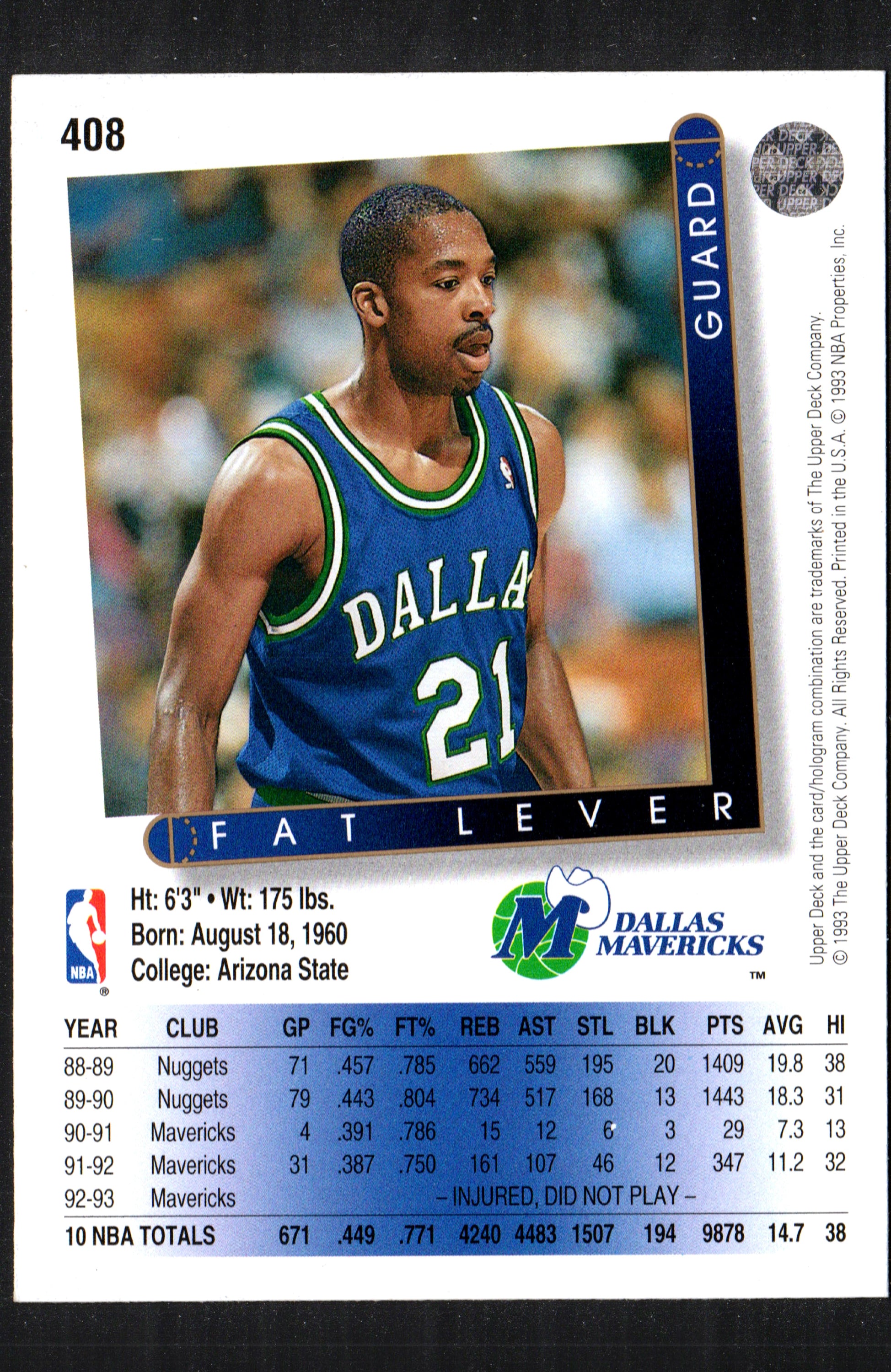 1993 Upper Deck trading card featuring Fat Lever of the Dallas Mavericks, showcasing vibrant colors and detailed player information.