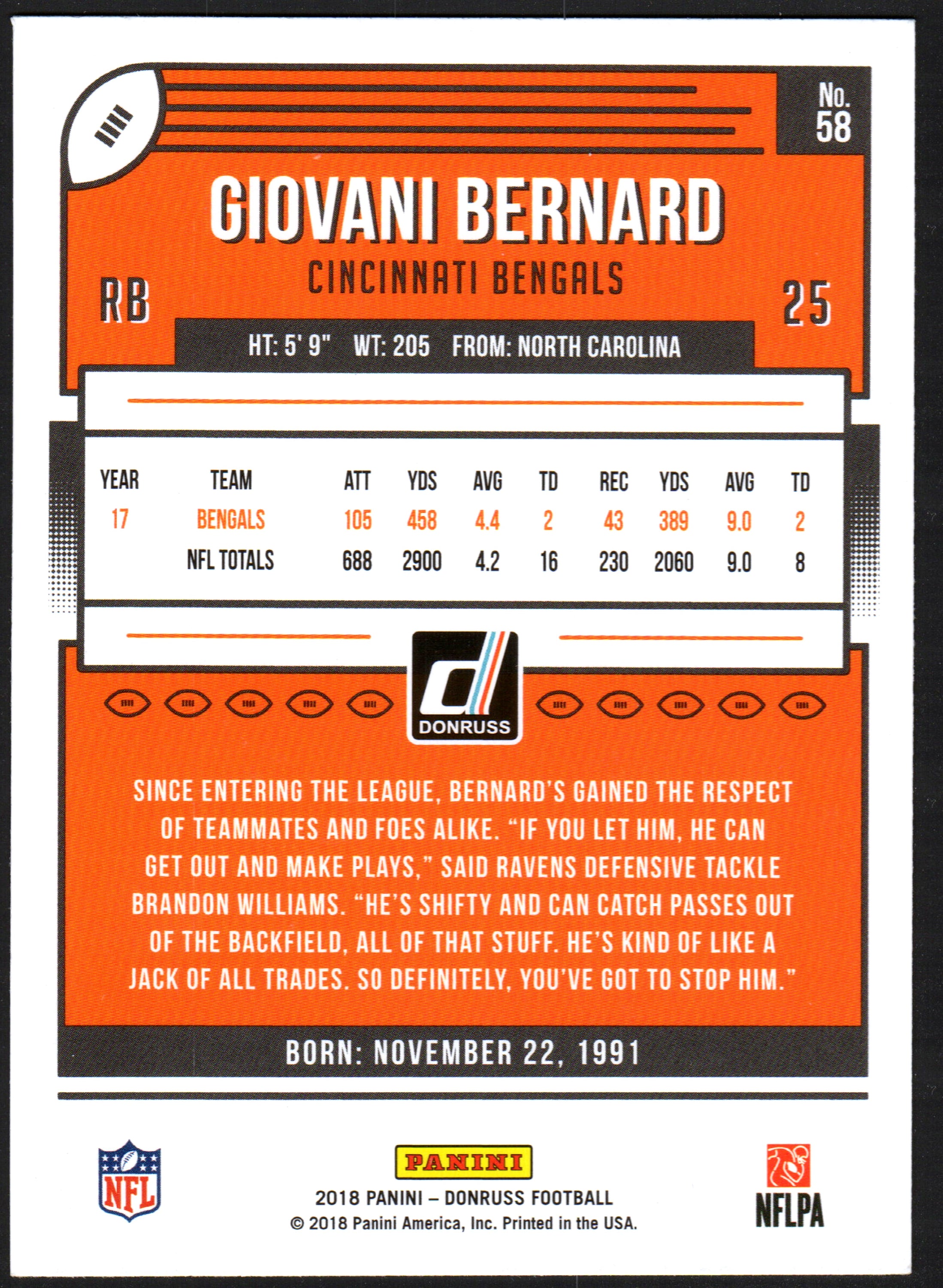 2018 Donruss trading card featuring Giovani Bernard in Cincinnati Bengals uniform, showcasing his name and number.
