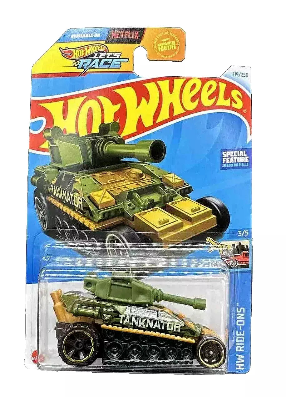 Hot Wheels Tanknator die-cast metal car in green, part of the 2024 Mainline series, designed for ages 3 and up.