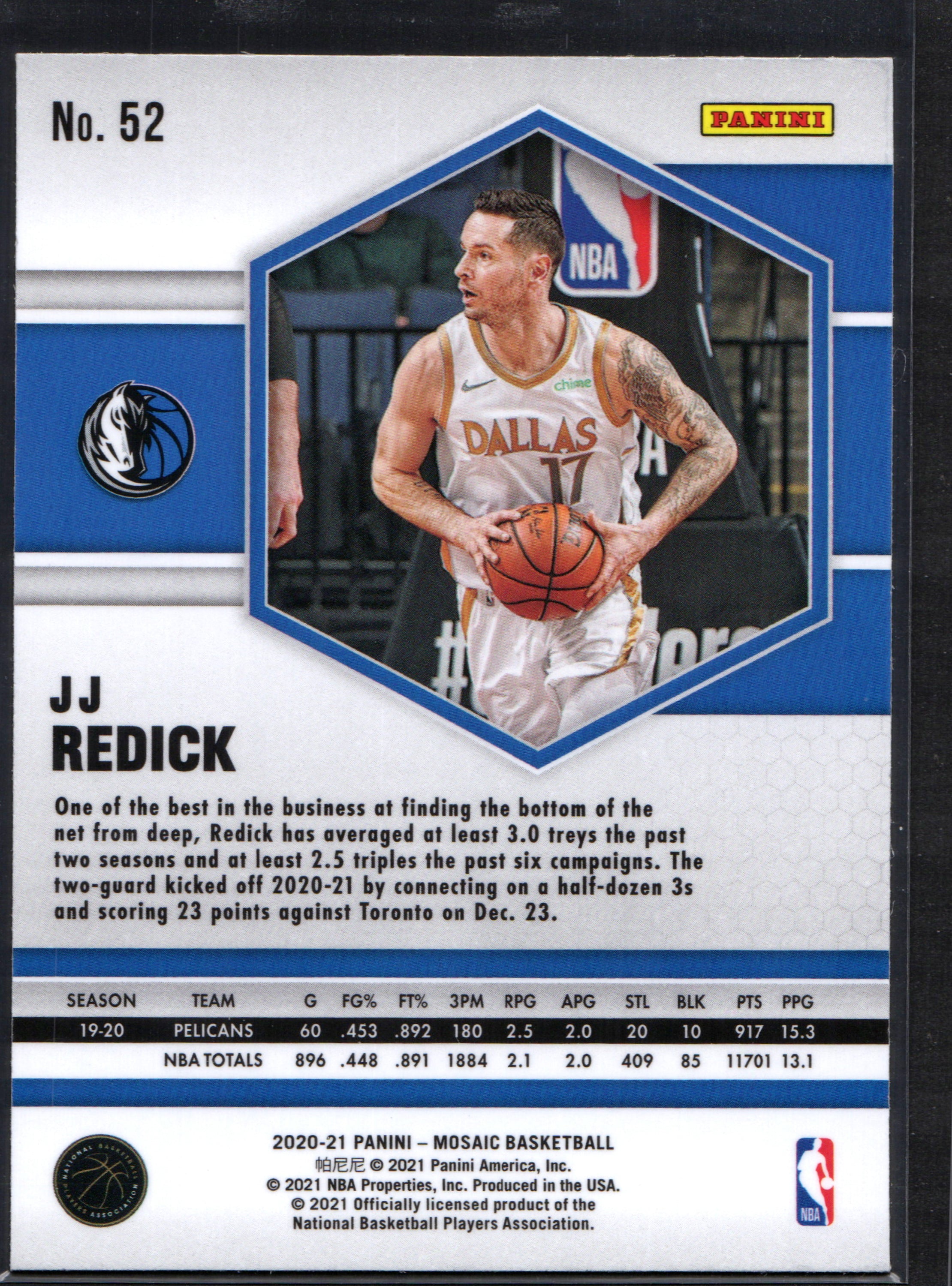 J.J. Redick Dallas Mavericks #52 trading card from the 2020-21 Panini Mosaic series, featuring vibrant colors and detailed design.