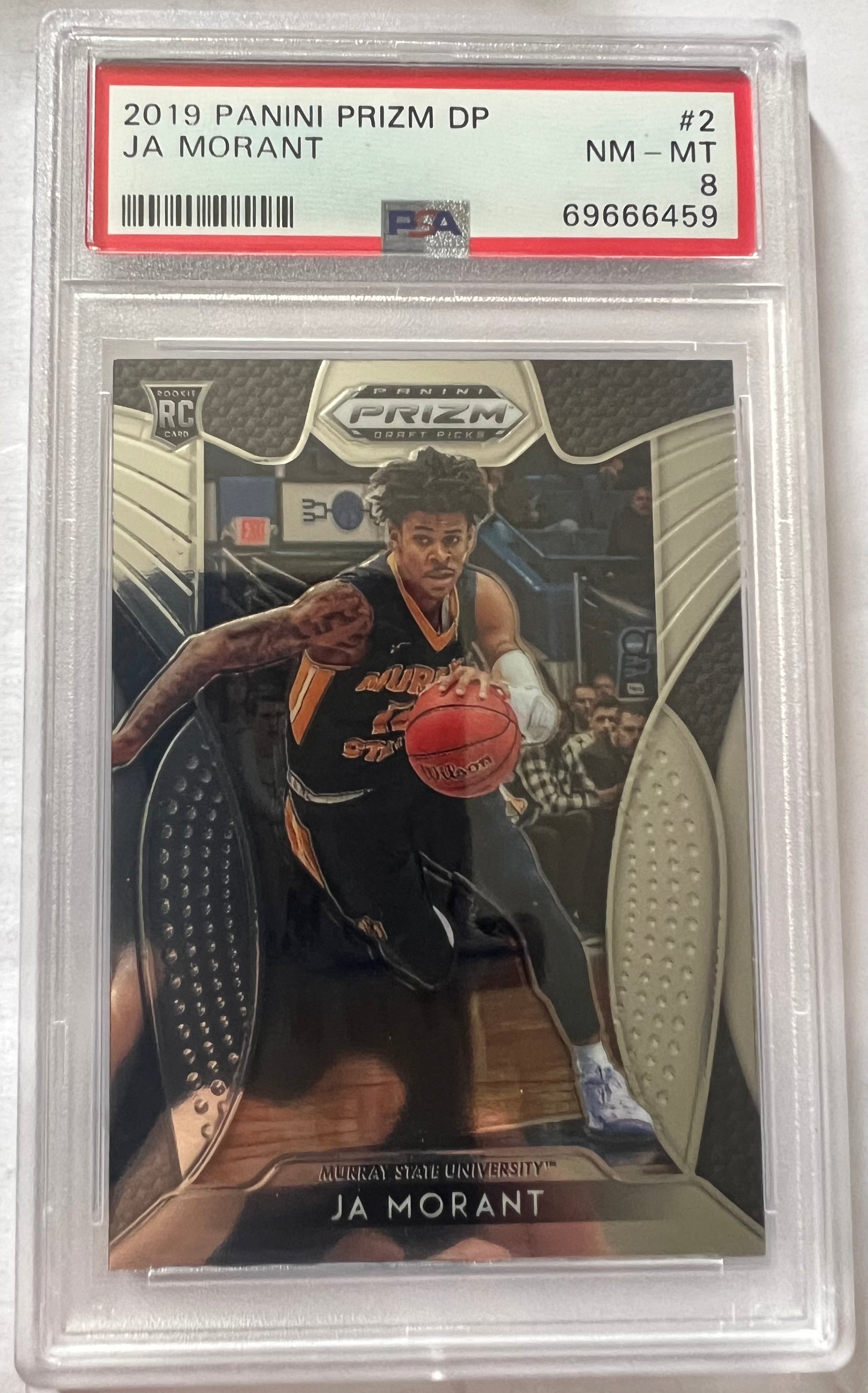 Ja Morant Murray State Racers #2 trading card, graded PSA 8, featuring silver prizm parallel from 2019 Panini Prizm Draft Picks.
