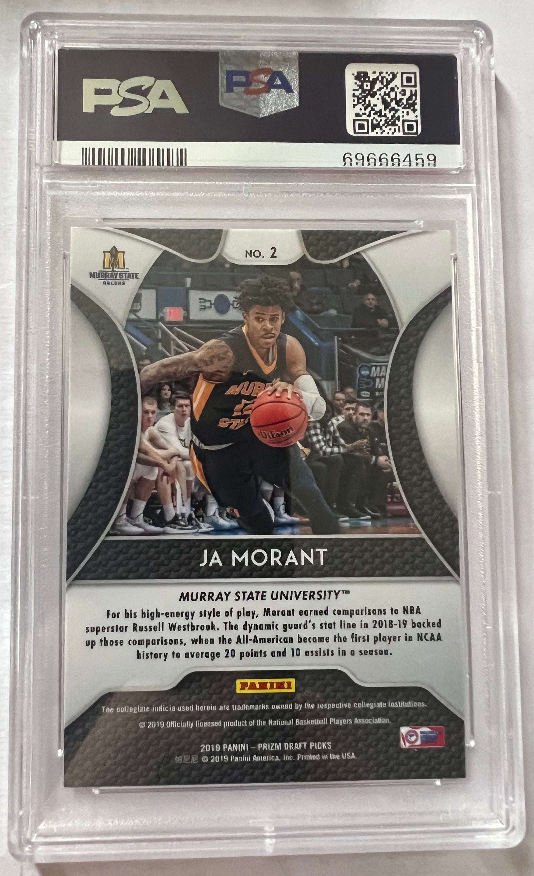 Ja Morant Murray State Racers #2 trading card, graded PSA 8, featuring silver prizm parallel from 2019 Panini Prizm Draft Picks.