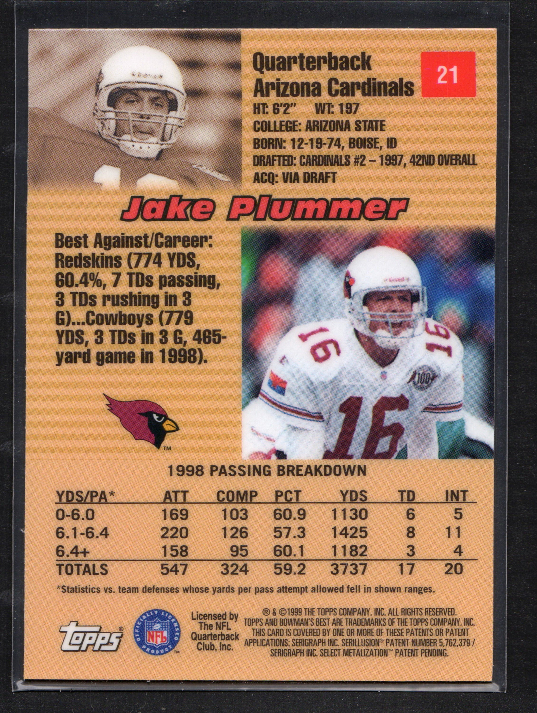 Jake Plummer Arizona Cardinals #21 trading card from 1999 Bowman's Best, featuring a stunning refractor design.