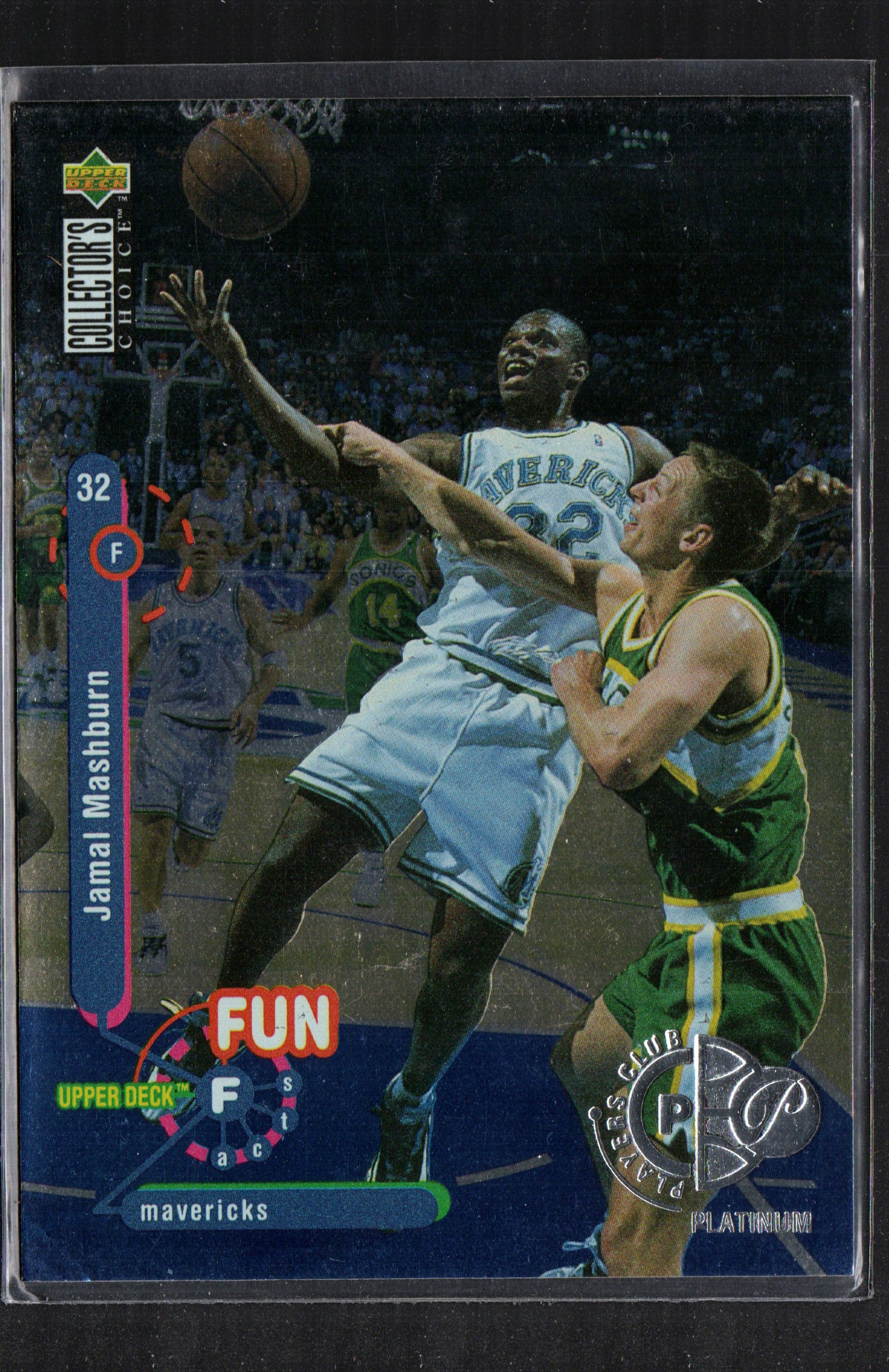 1995 Upper Deck Jamal Mashburn trading card featuring the Dallas Mavericks, showcasing vibrant colors and design.